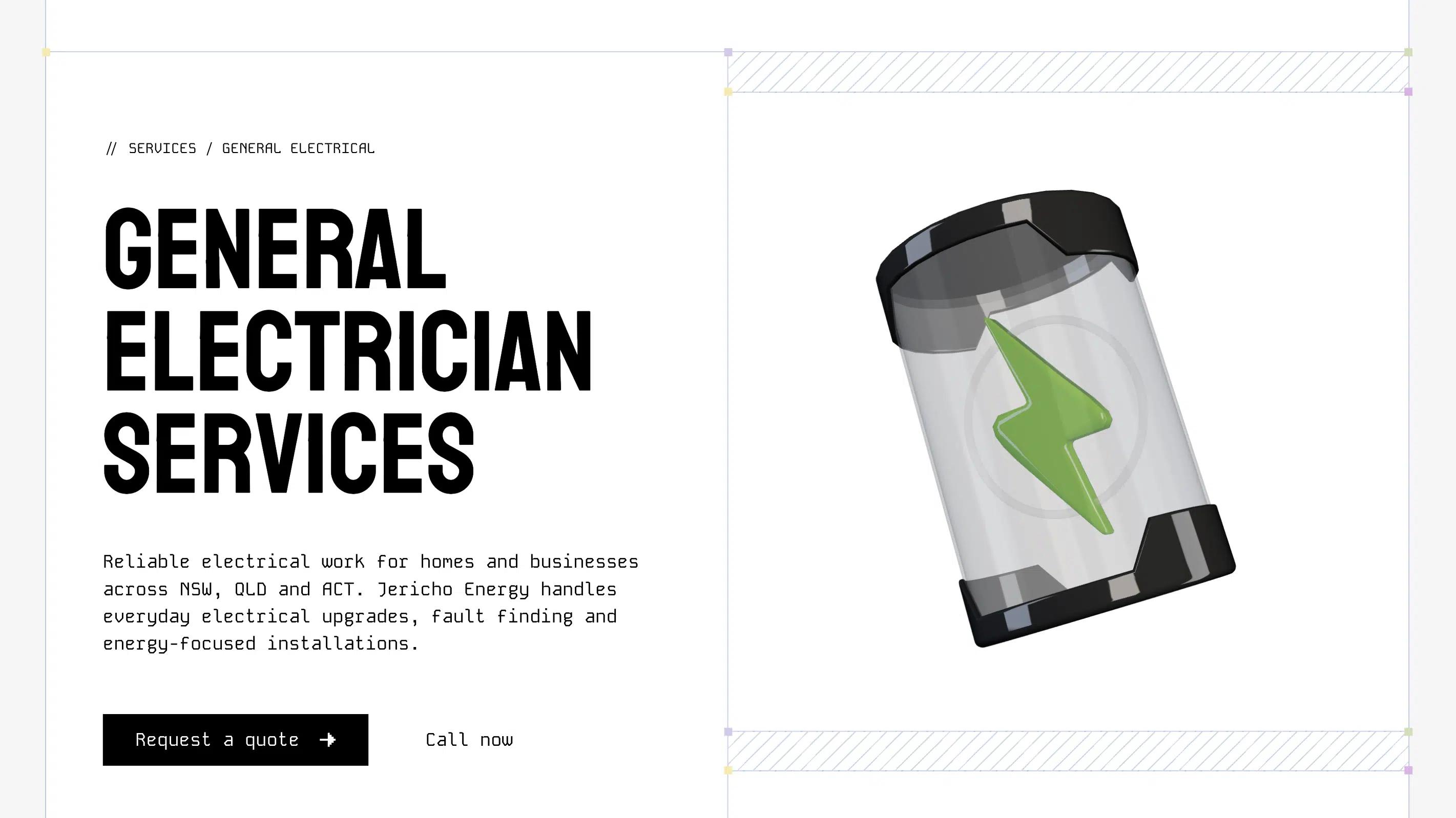 Jericho Energy general electrician services page hero with a three-dimensional battery illustration bearing a green lightning bolt.