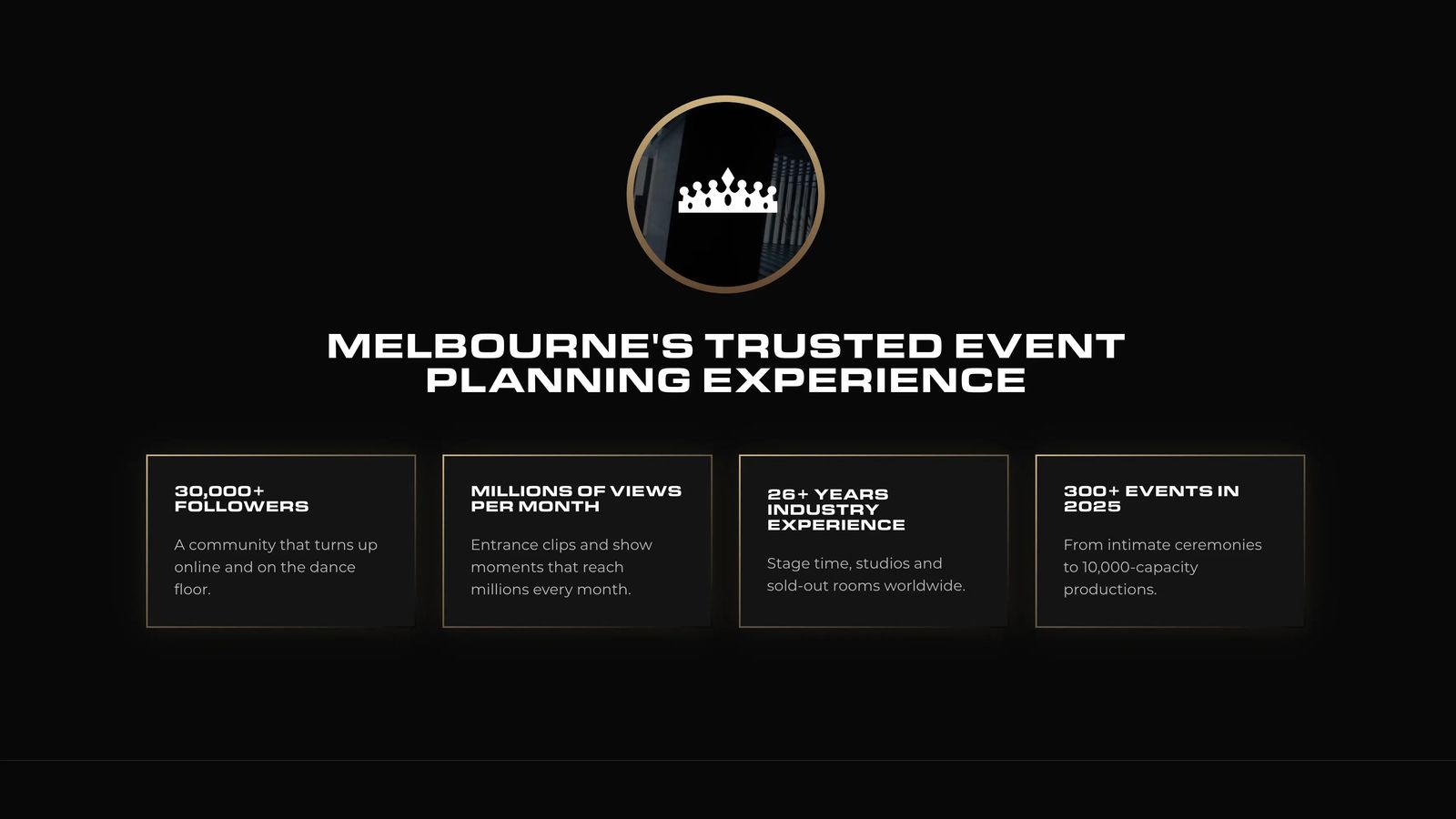 Next Selection credibility section with a crown emblem and four gold-bordered cards for followers, monthly views, industry experience and events.