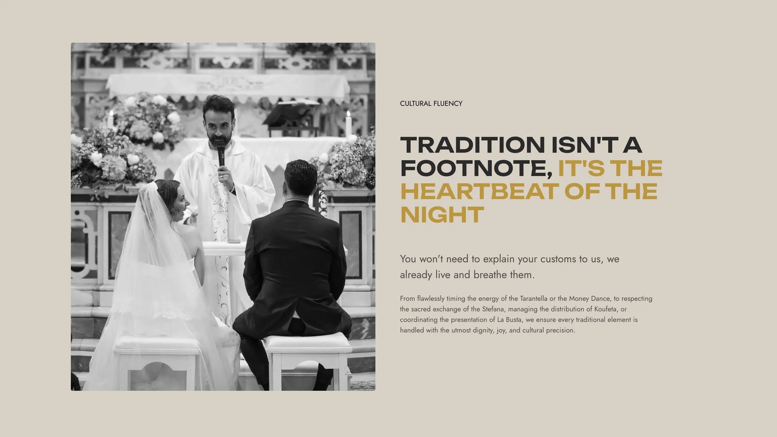 Valor Events wedding page section about cultural traditions, pairing a black-and-white ceremony photo with gold and black text on cream.