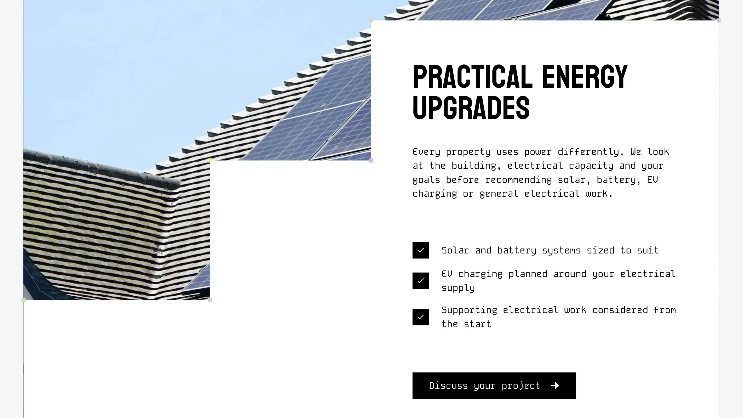 Jericho Energy "Practical energy upgrades" section with rooftop solar panels and a checklist of solar, battery, EV charging and electrical services.
