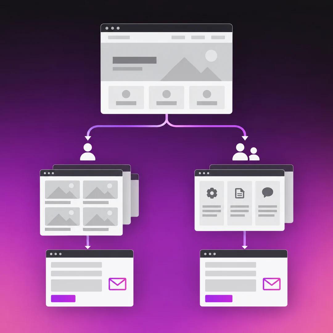 One website branches into two audience-specific content paths, each ending in an enquiry form.
