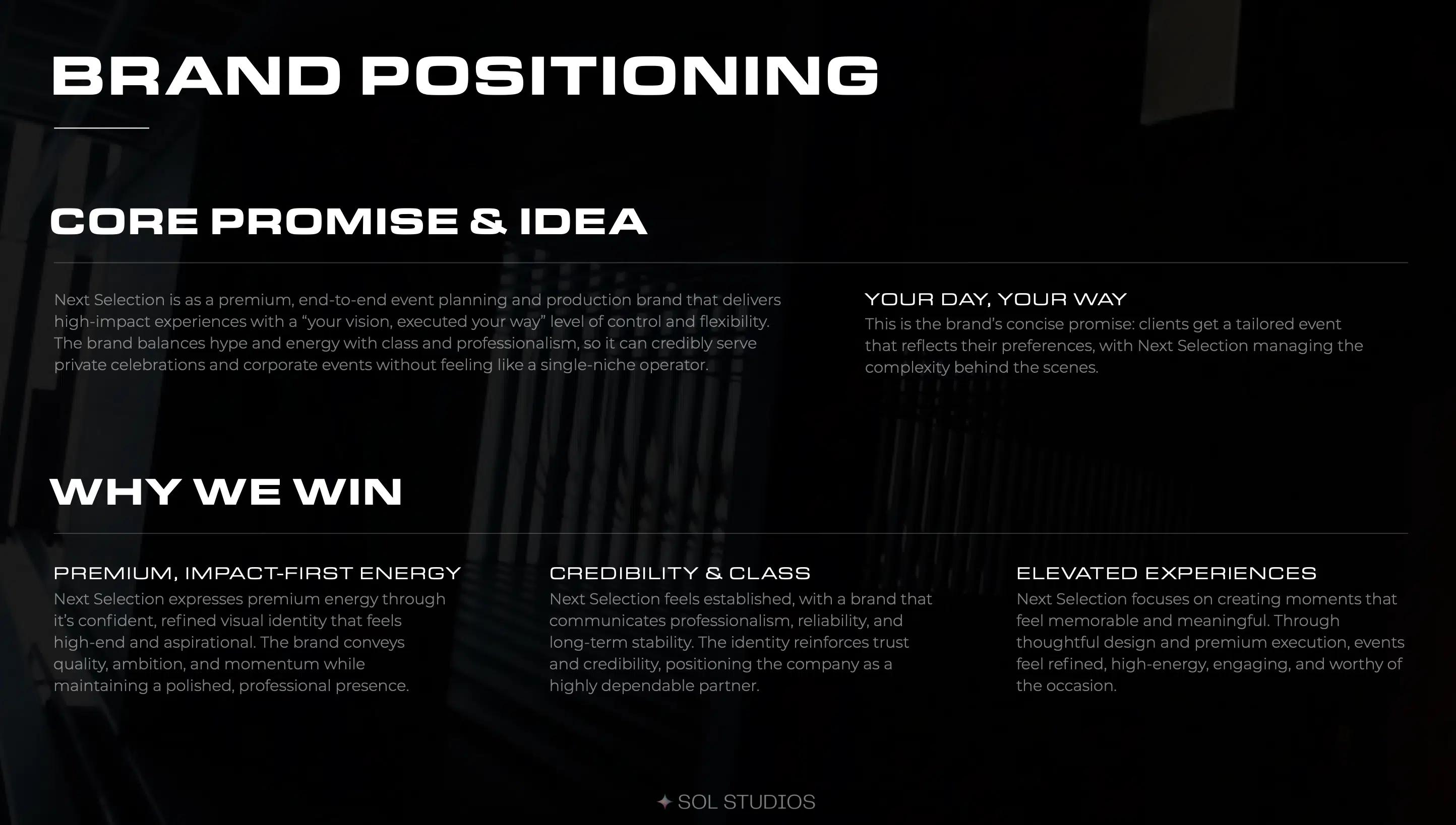 Next Selection brand positioning guide with the promise "Your day, your way" and sections on energy, credibility and event experiences.