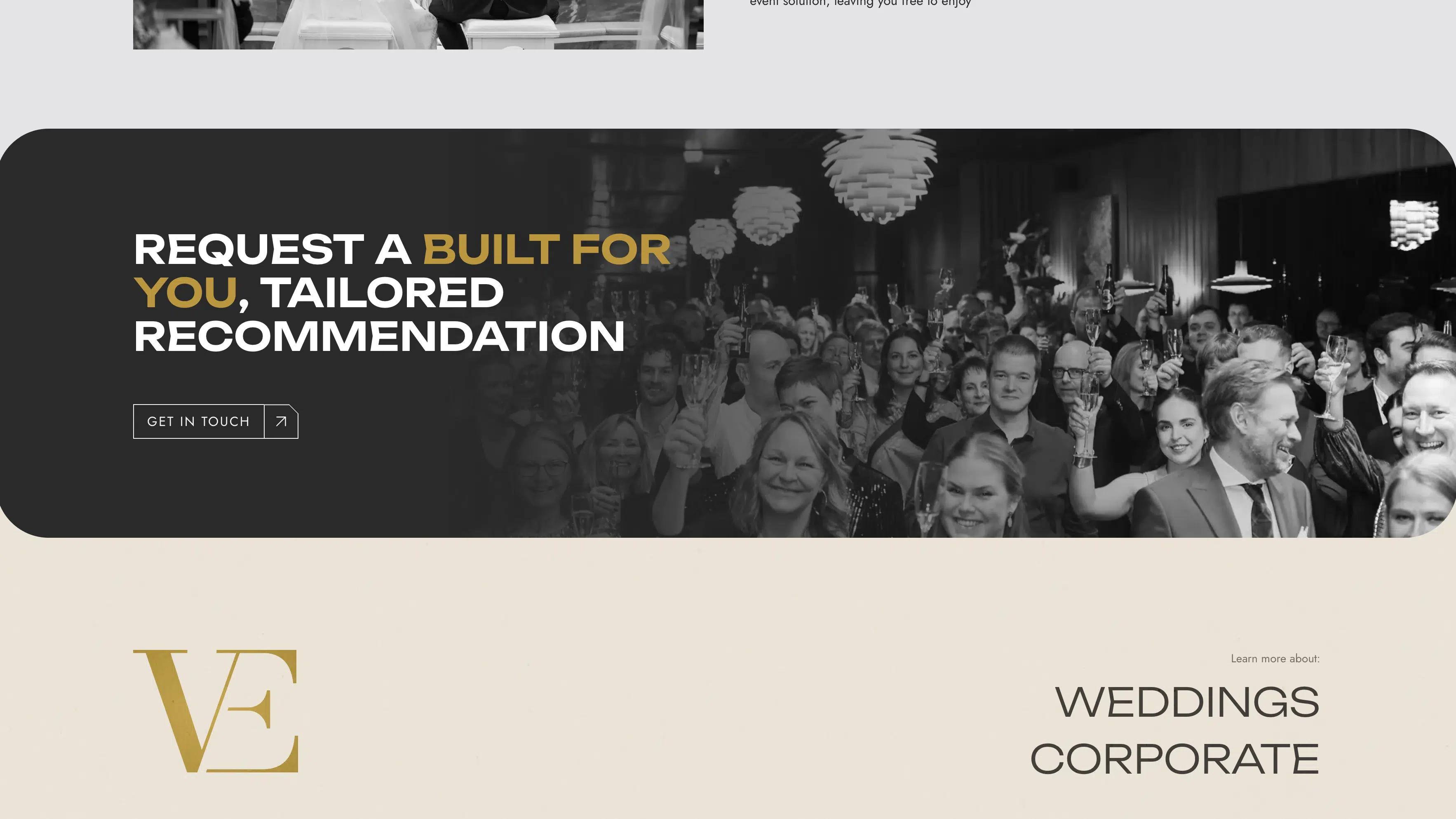 Valor Events corporate enquiry banner over a banquet photo, above a cream footer with the gold VE monogram and wedding and corporate links.