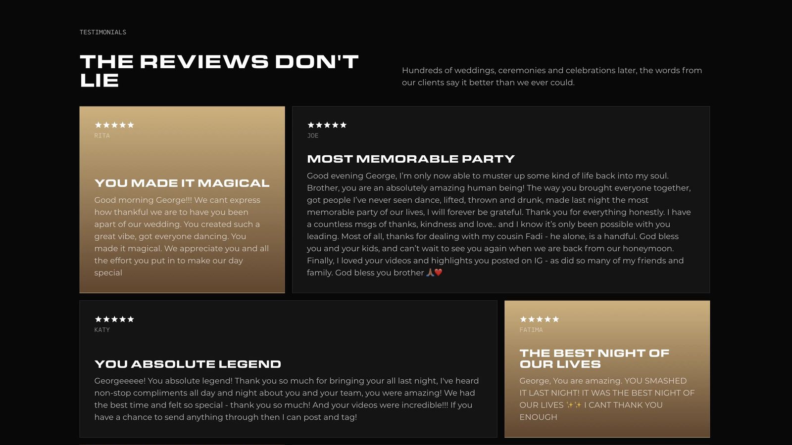 Next Selection testimonials displayed as a grid of black and gold review cards with five-star ratings.