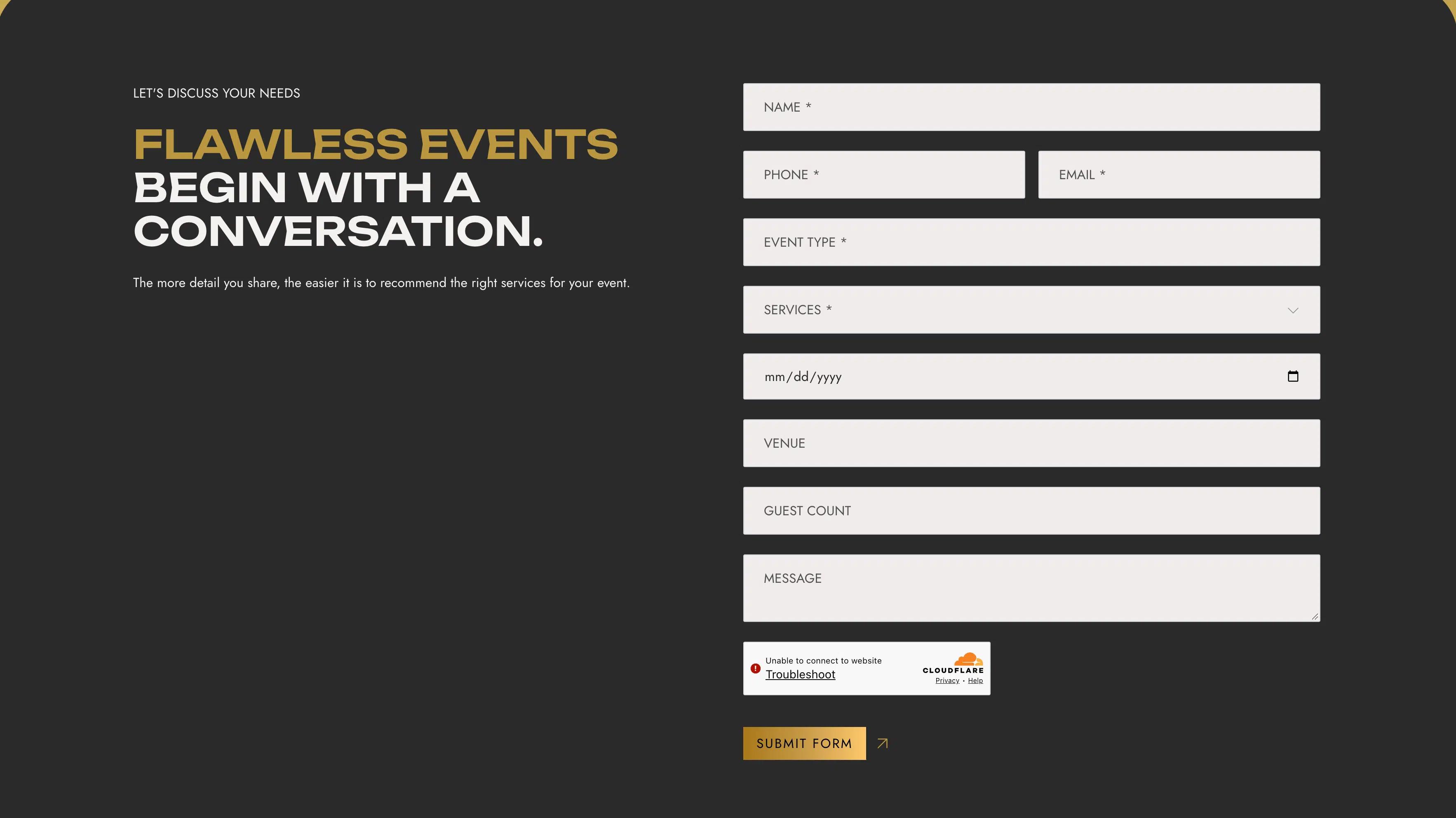 Valor Events enquiry form on a charcoal background, with contact details and event fields beside 'Flawless events begin with a conversation'.