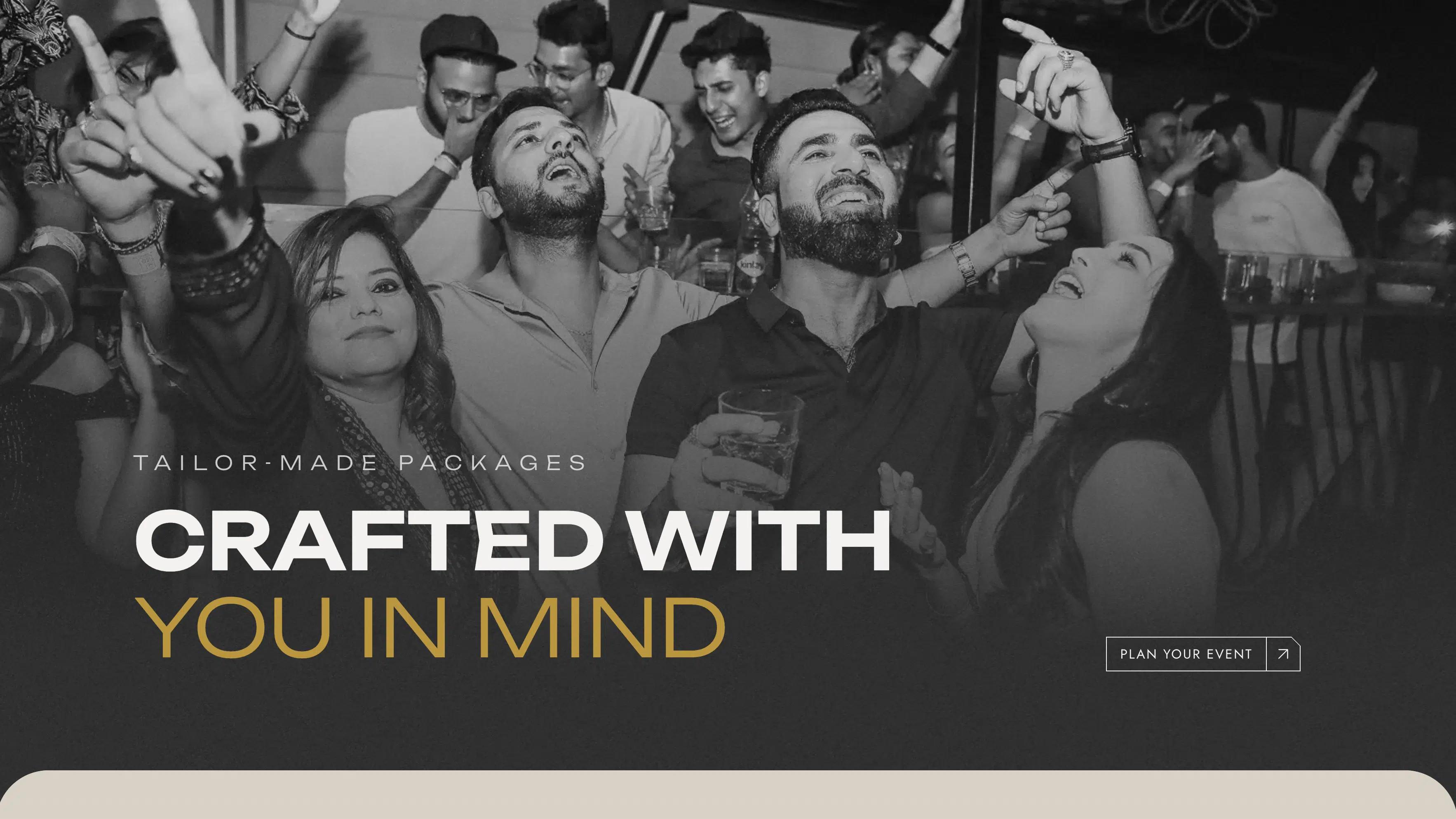 Valor Events packages page hero with a black-and-white party photo and the white and gold headline 'Crafted with you in mind'.