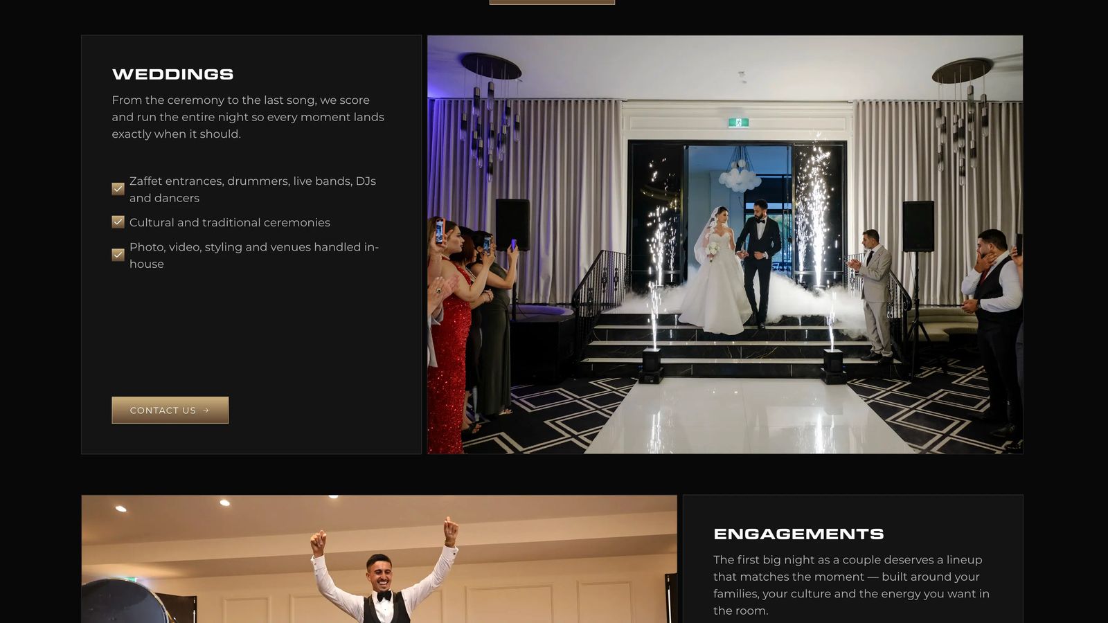 Next Selection wedding services beside a photograph of a couple entering through fog and spark fountains, with engagement services below.