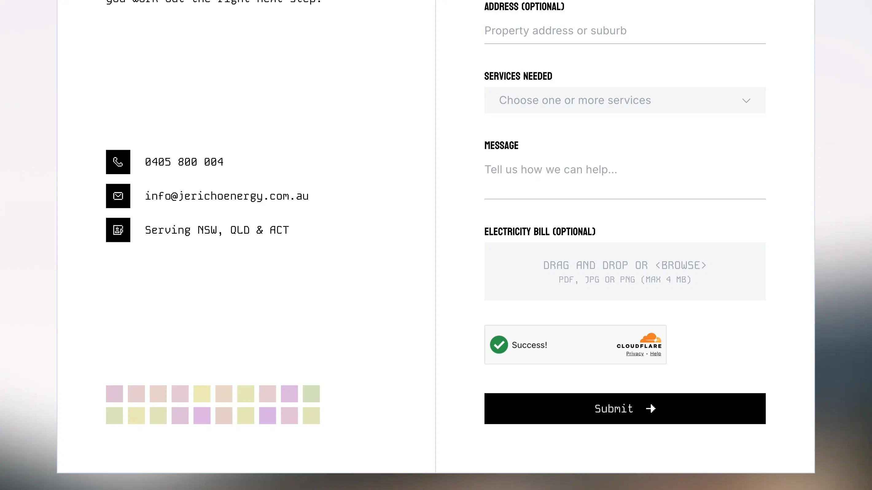Jericho Energy enquiry form showing service selection, a message field and an optional electricity bill upload.