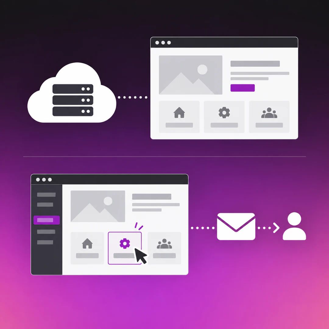A cloud connection keeps a website available, while a separate editor changes its service information and enquiry routing.