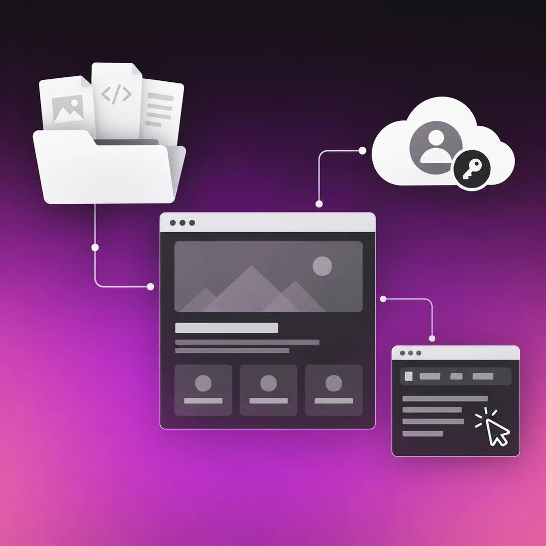 A visible website is shown separately from project files, a content editor and account access.