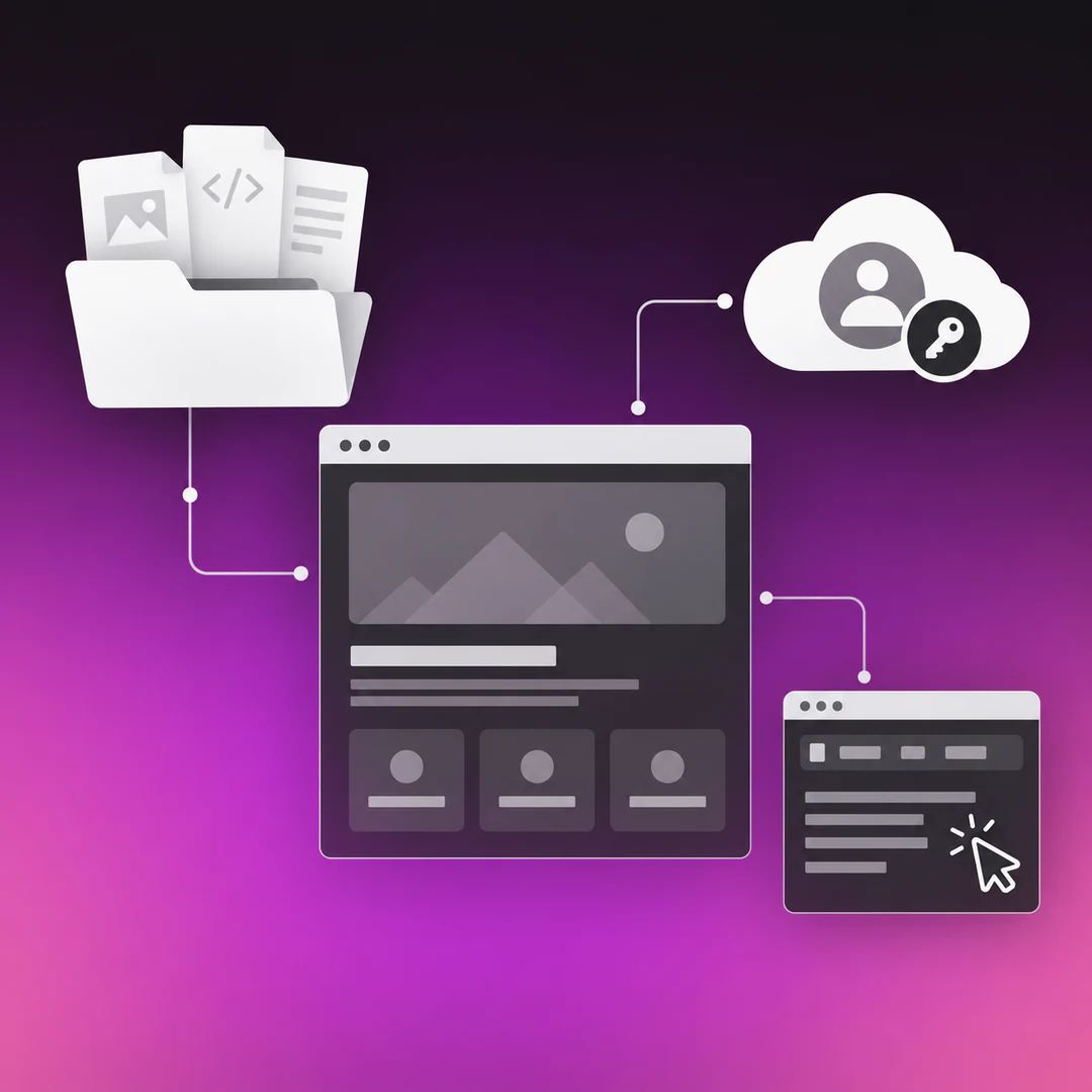 A visible website is shown separately from project files, a content editor and account access.