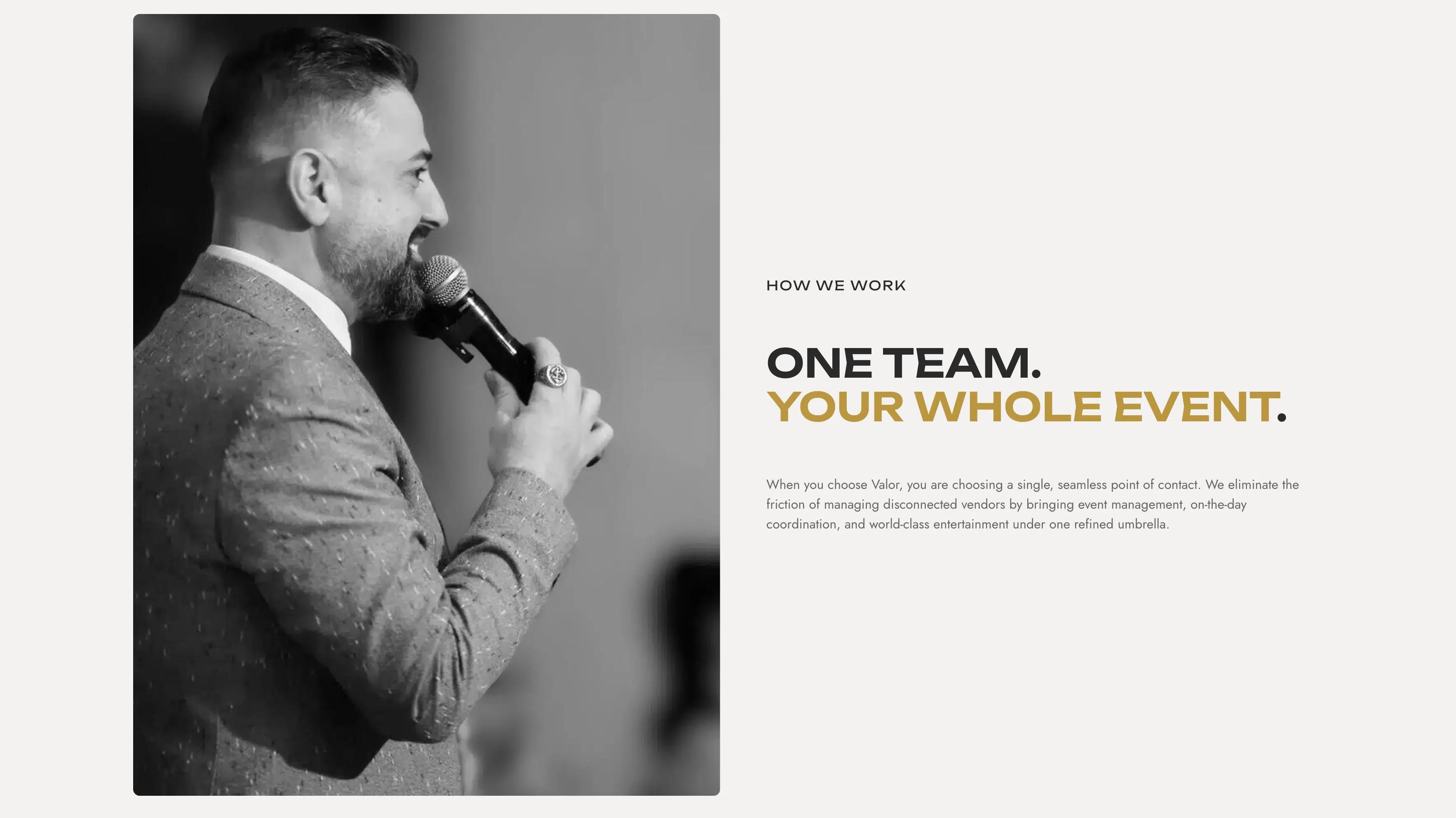 Valor Events 'One team. Your whole event' section beside a black-and-white portrait of an MC speaking into a microphone.