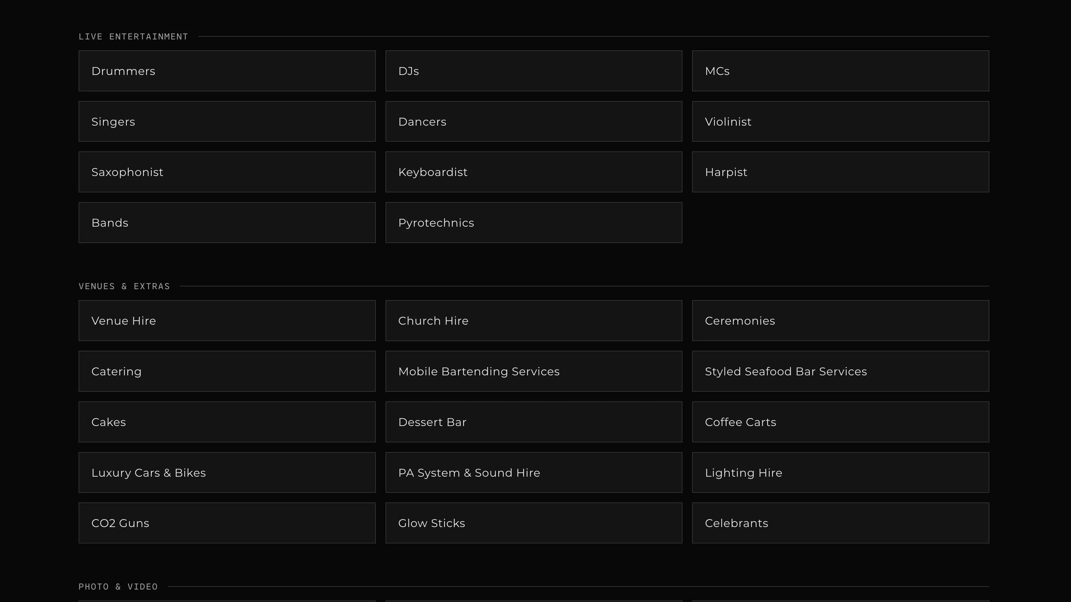 Next Selection service directory with grids of live entertainment options, venues and event extras on a black background.