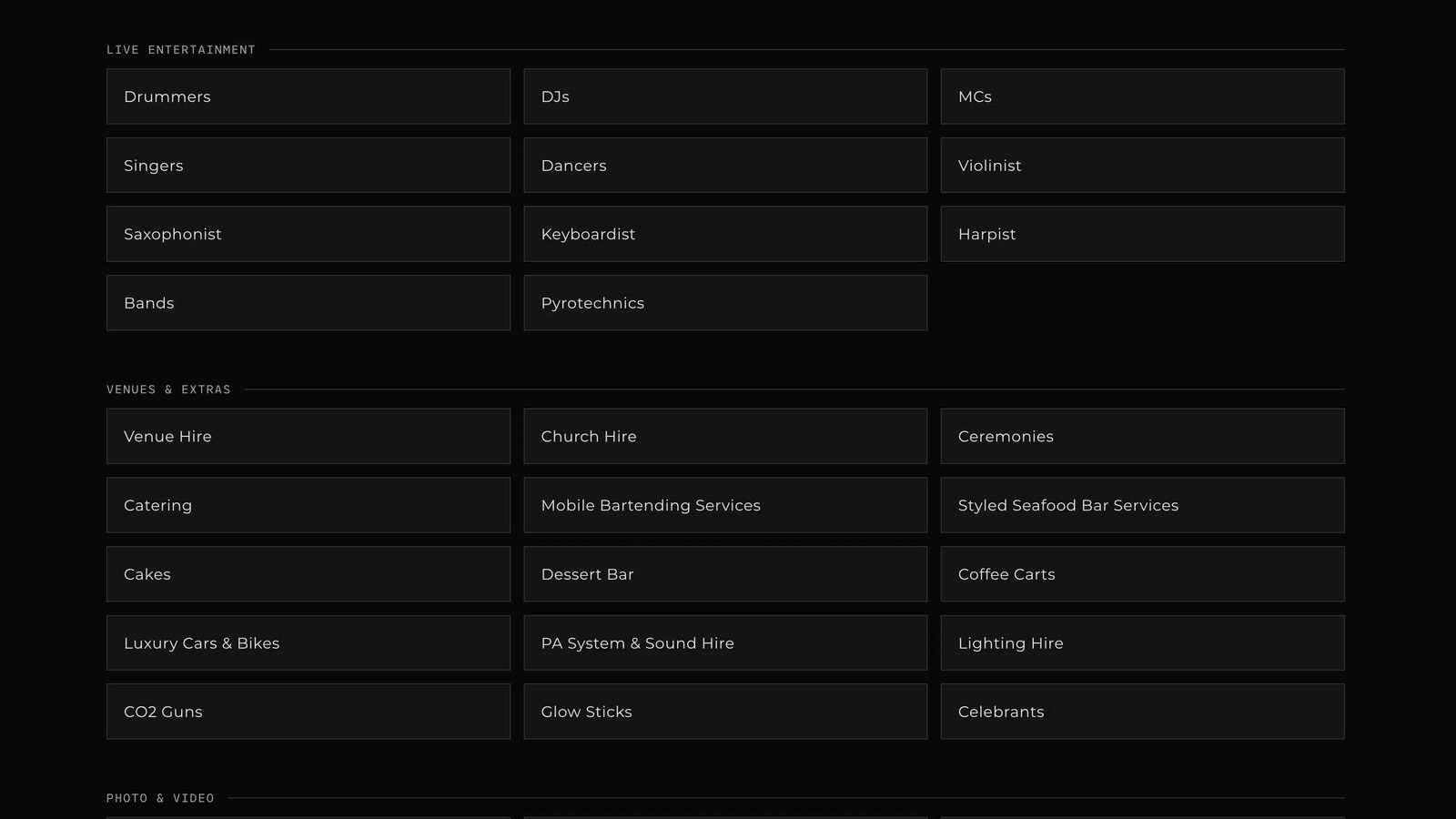 Next Selection service directory with grids of live entertainment options, venues and event extras on a black background.