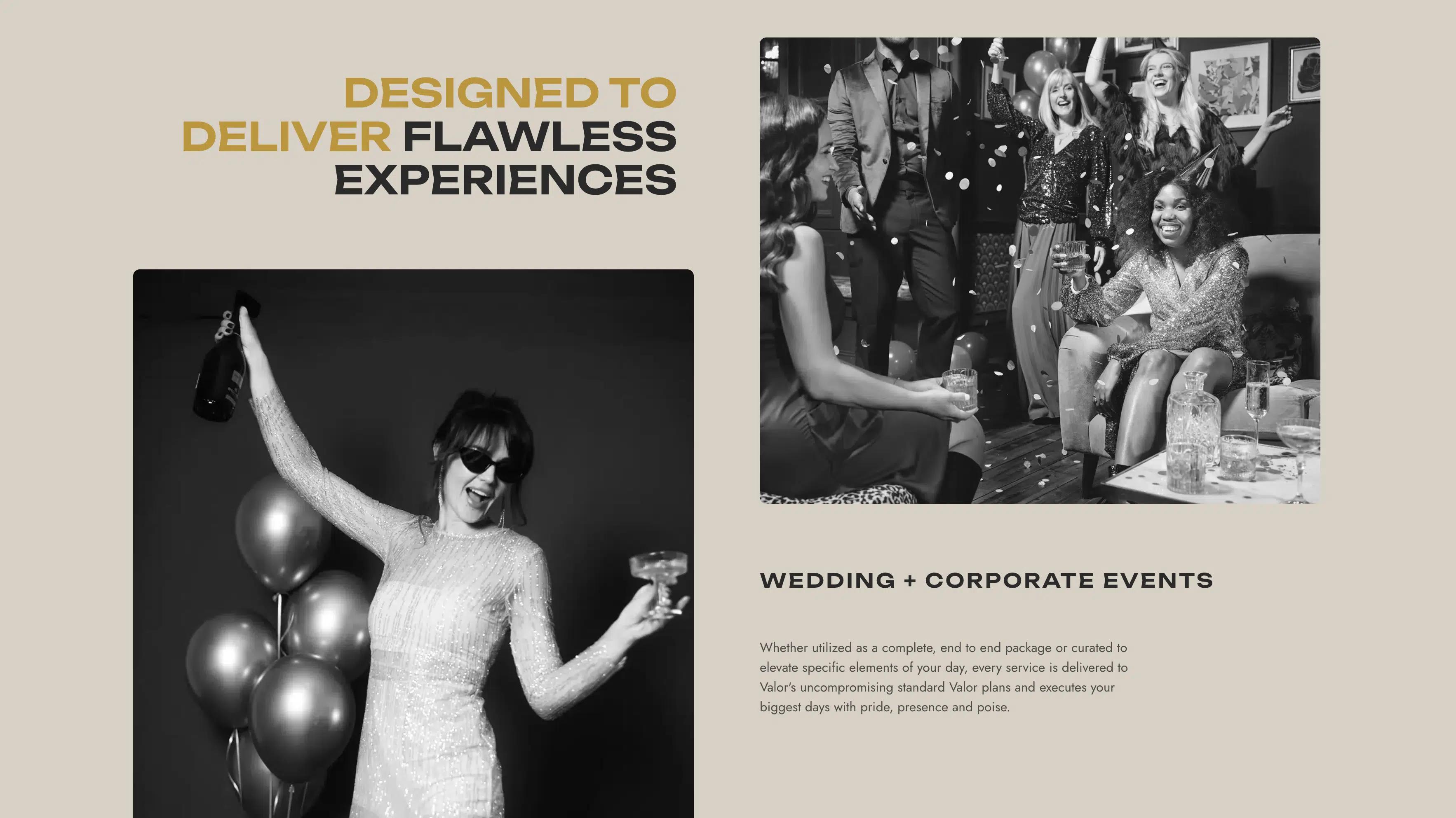 Valor Events packages page with party photography and the heading 'Designed to deliver flawless experiences' on a cream background.