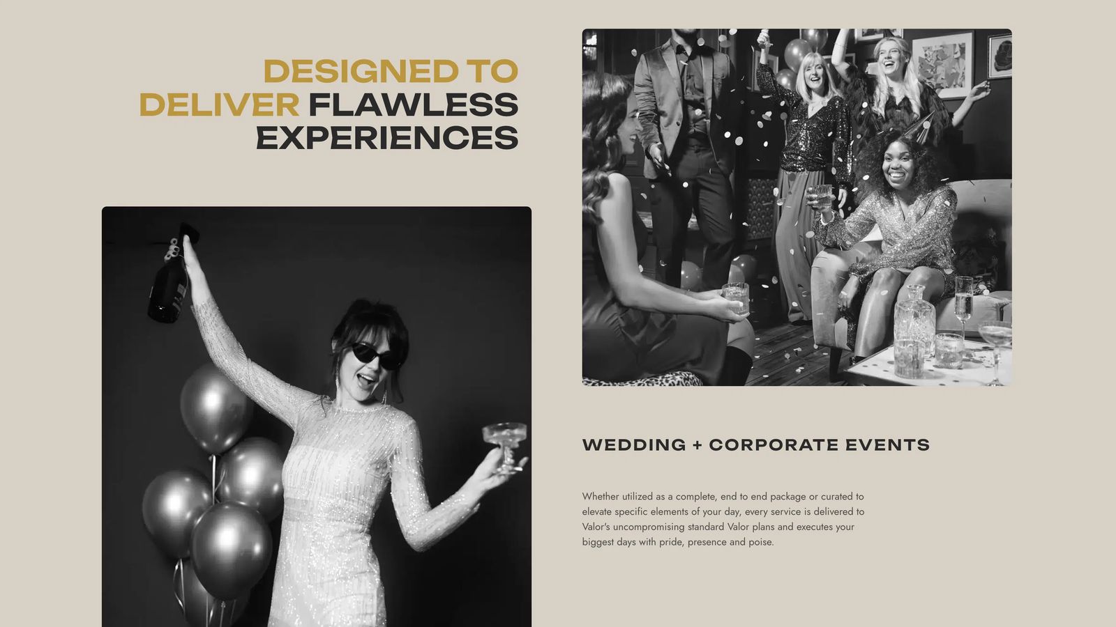 Valor Events packages page with party photography and the heading 'Designed to deliver flawless experiences' on a cream background.
