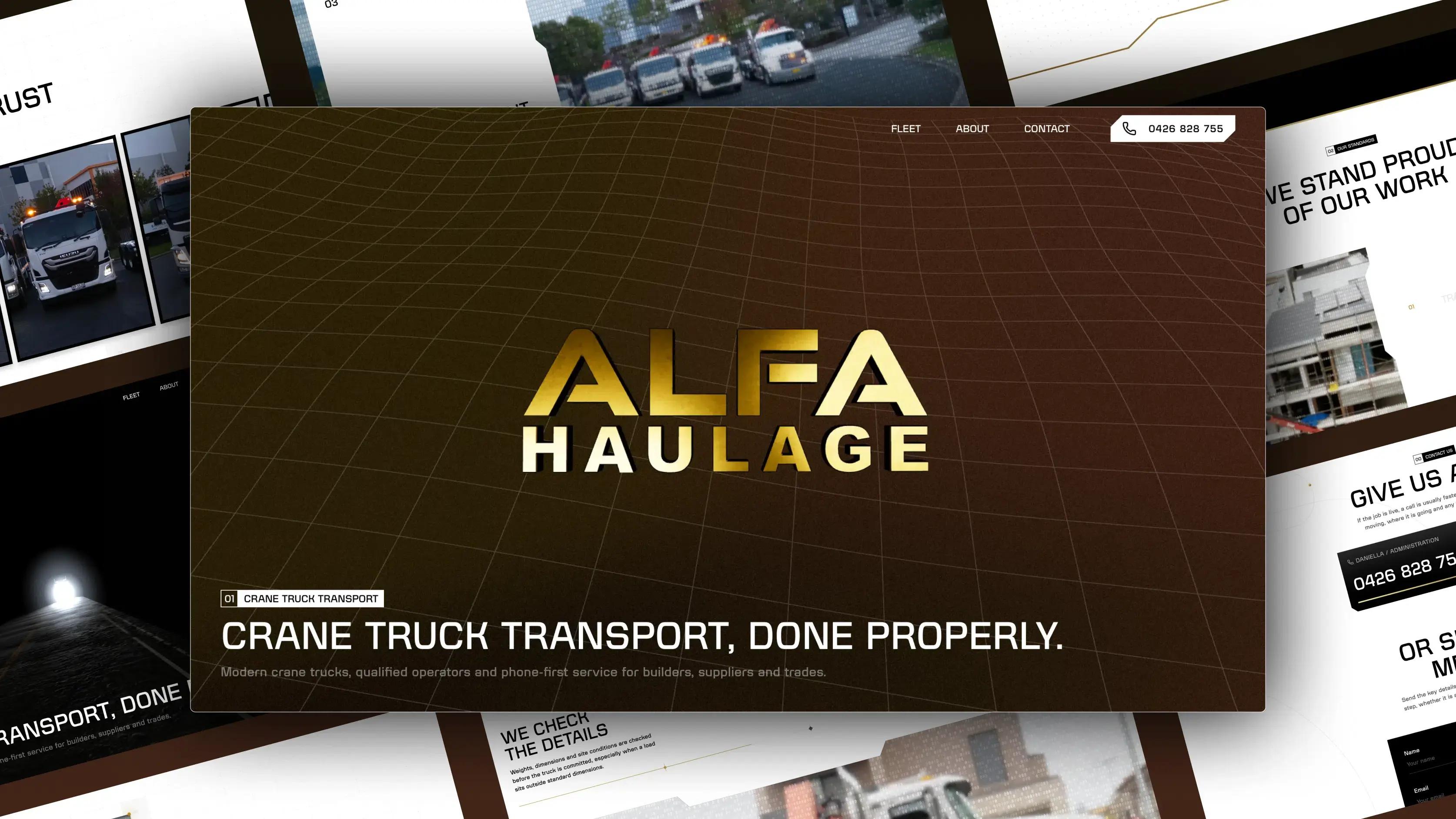 Collage of the custom Alfa Haulage website showing its 3D homepage, fleet, project photography and contact sections.