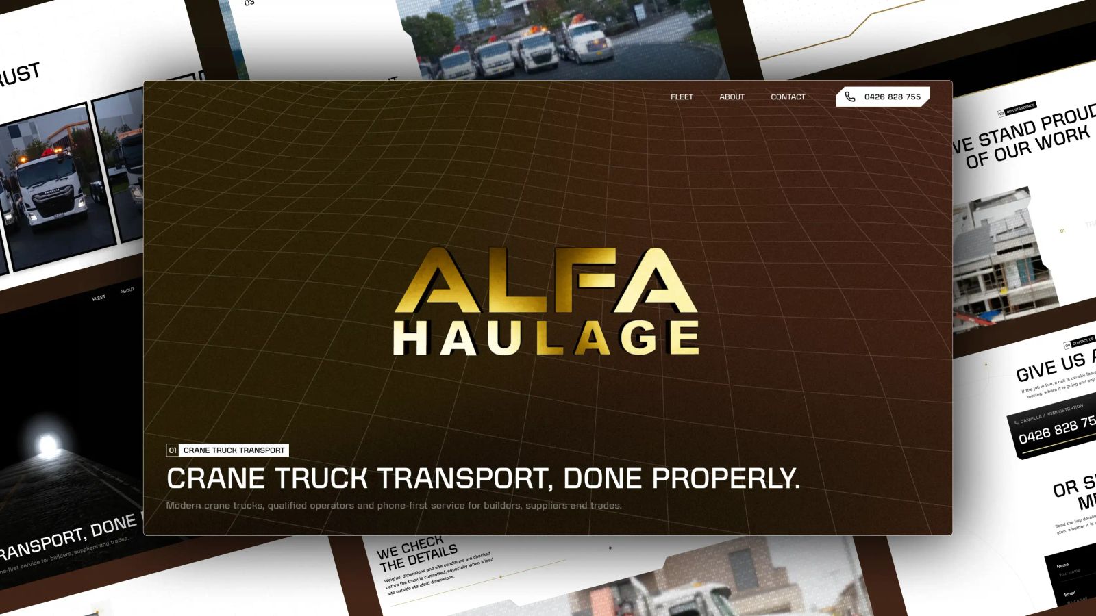 Collage of the custom Alfa Haulage website showing its 3D homepage, fleet, project photography and contact sections.