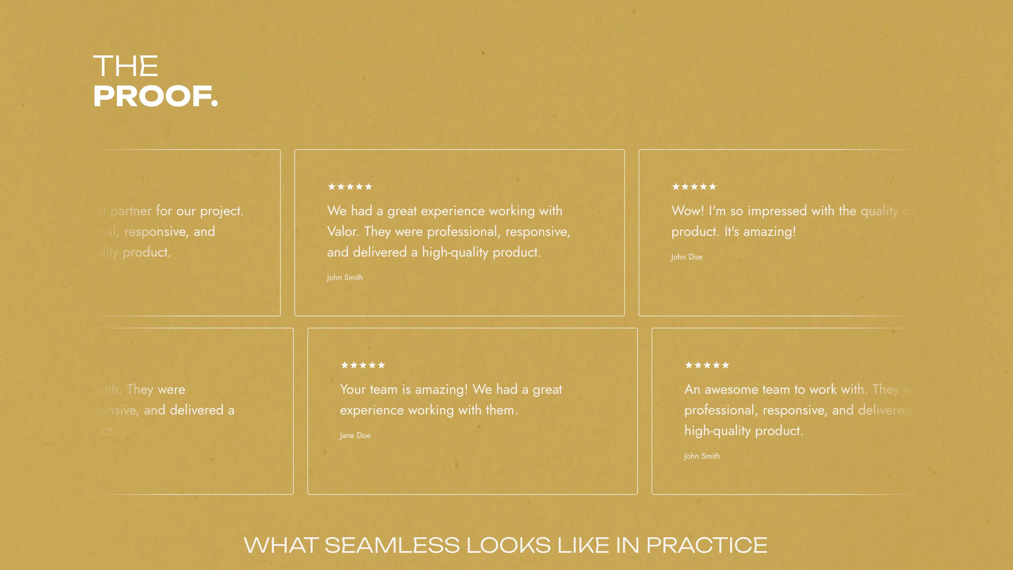 Valor Events testimonial section with six outlined review cards and star ratings on a gold background beneath 'The proof'.
