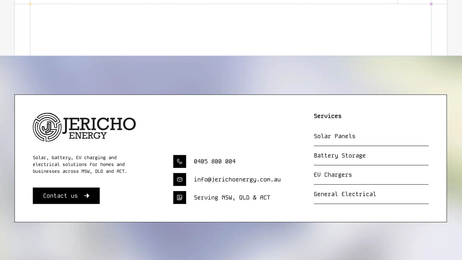 Jericho Energy website footer with its logo, contact details and service links on a soft gradient background.