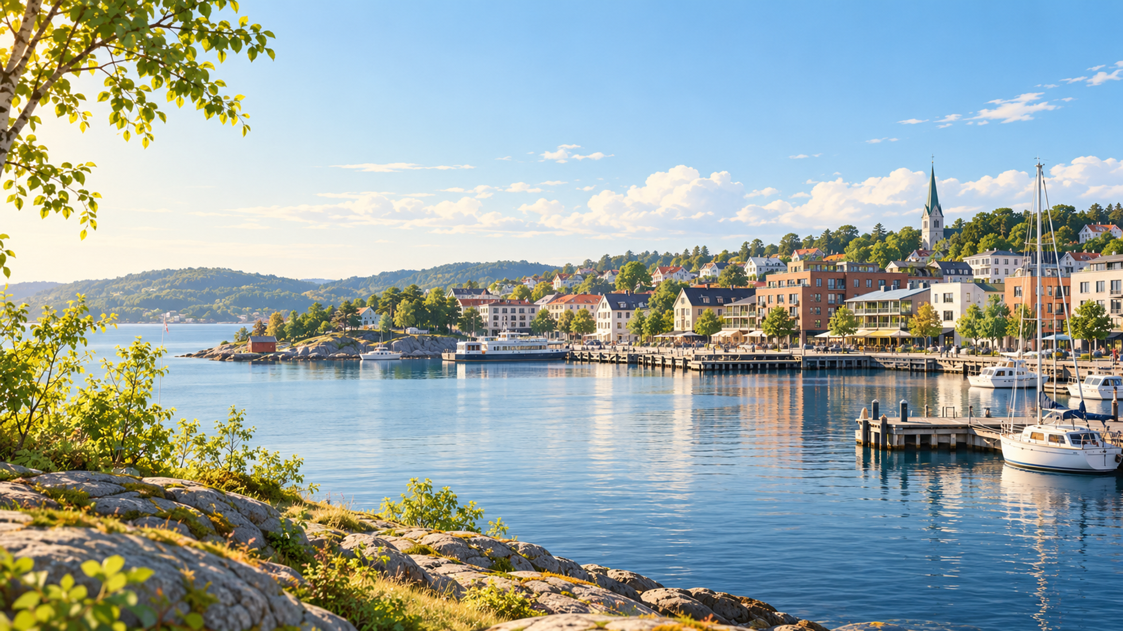 Solfylt norsk havneby. Illustrasjonsbilde av en norsk by