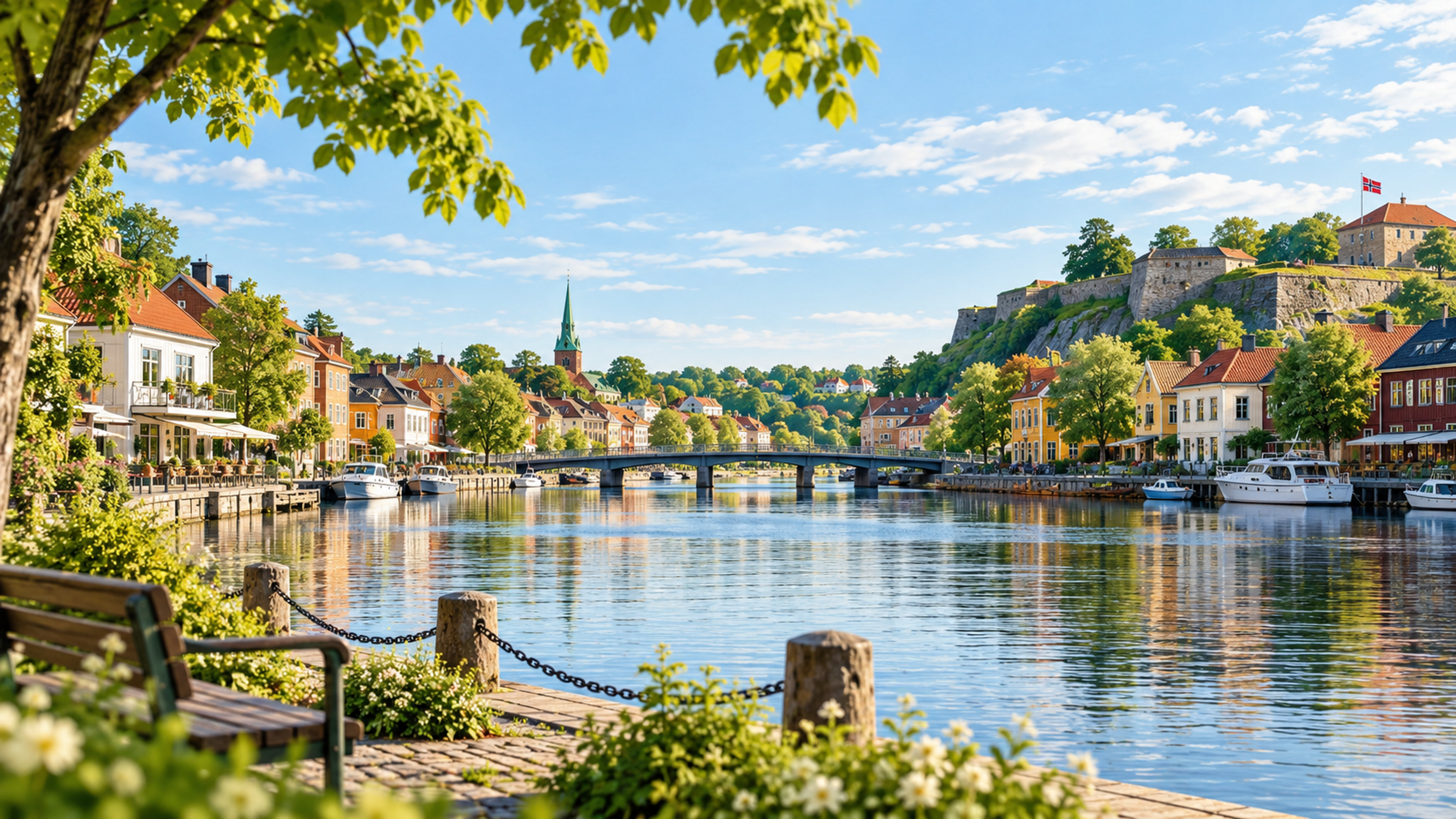 Illustrasjonsbilde av en middels stor norsk by med vann og hus.