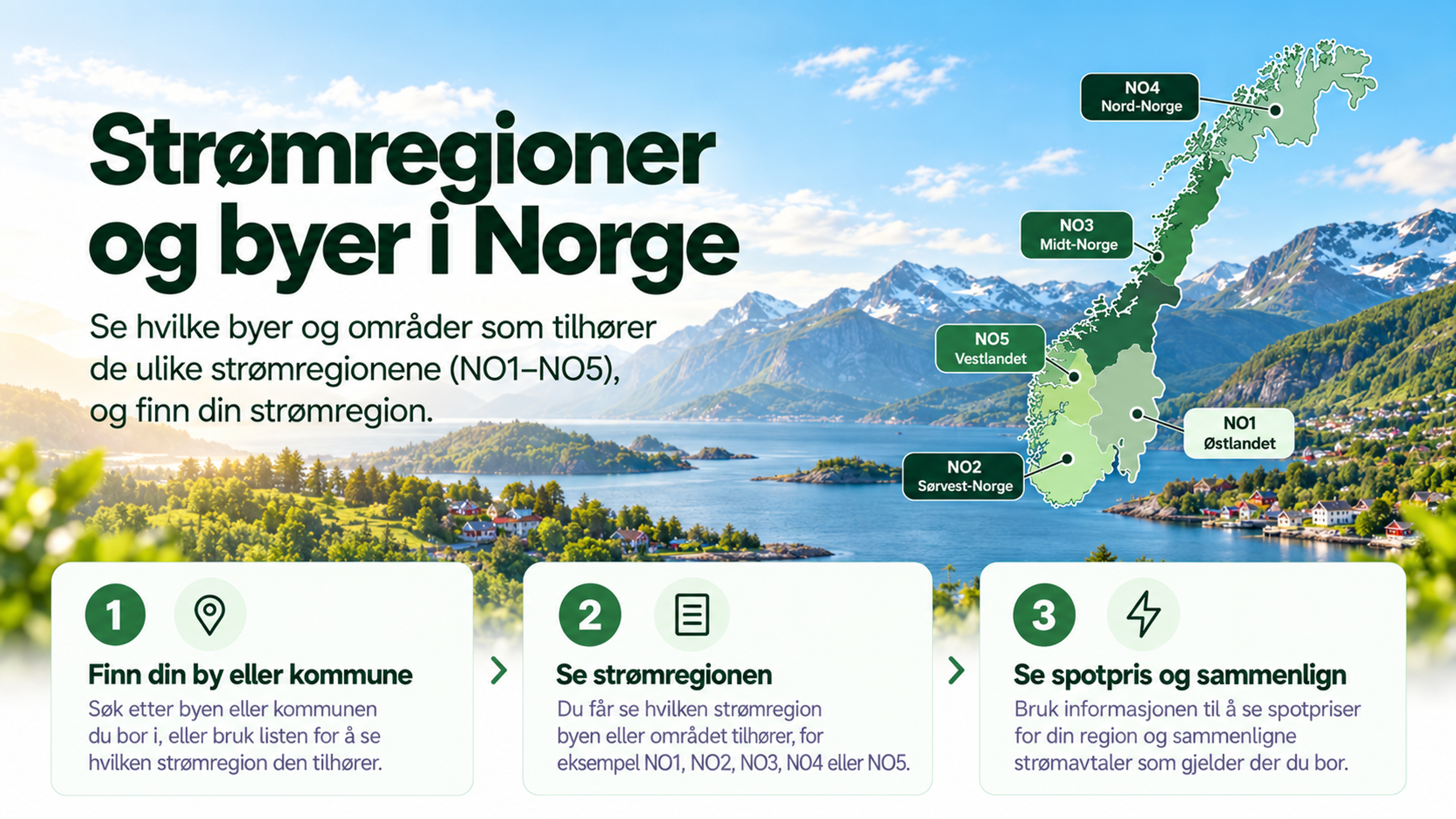 Søk etter byer og strømregioner. Illustrasjonsbilde for Norgesprisstrøm.no