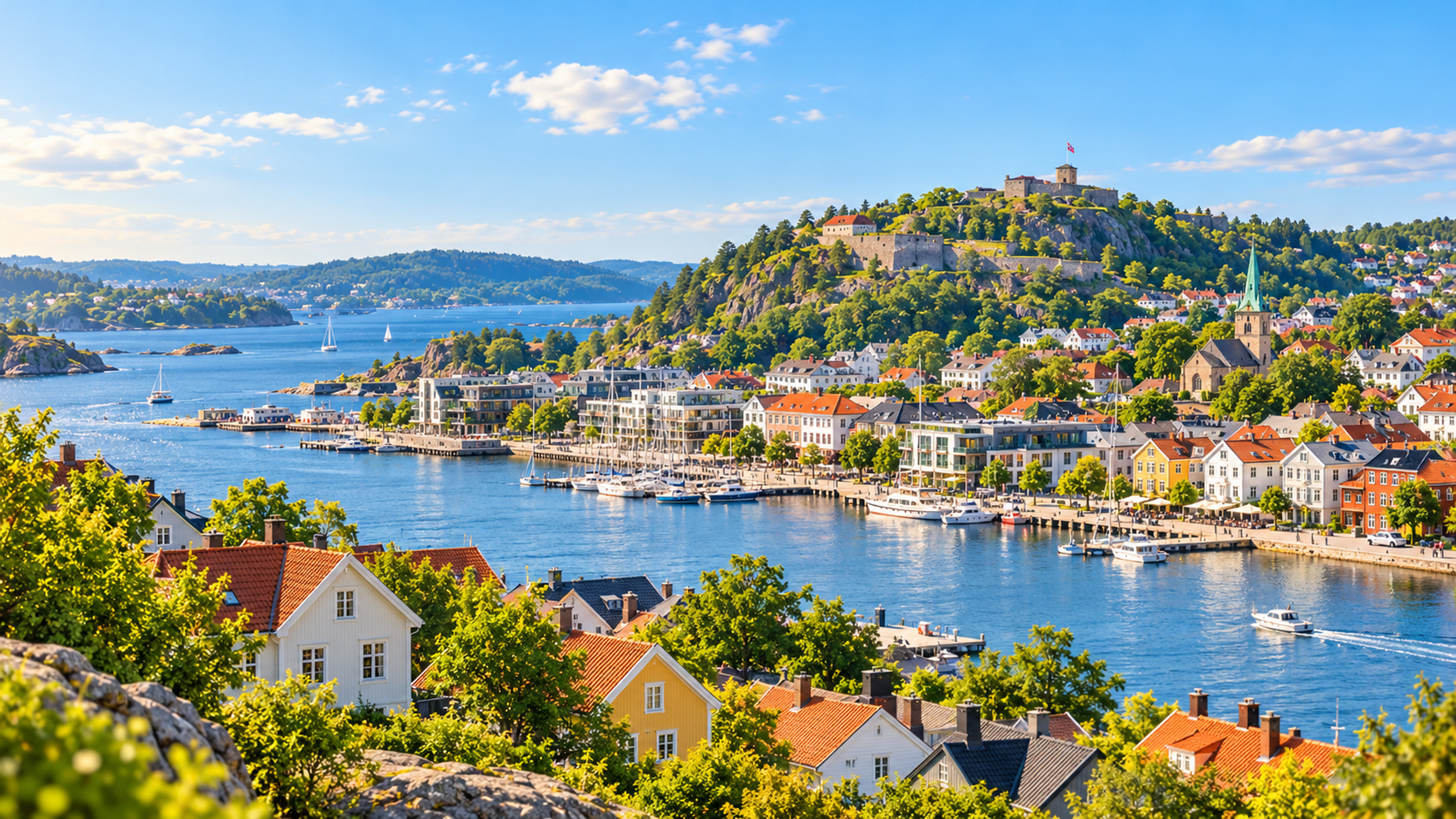 Solrik norsk kystby med fint vær illustrasjonsbilde