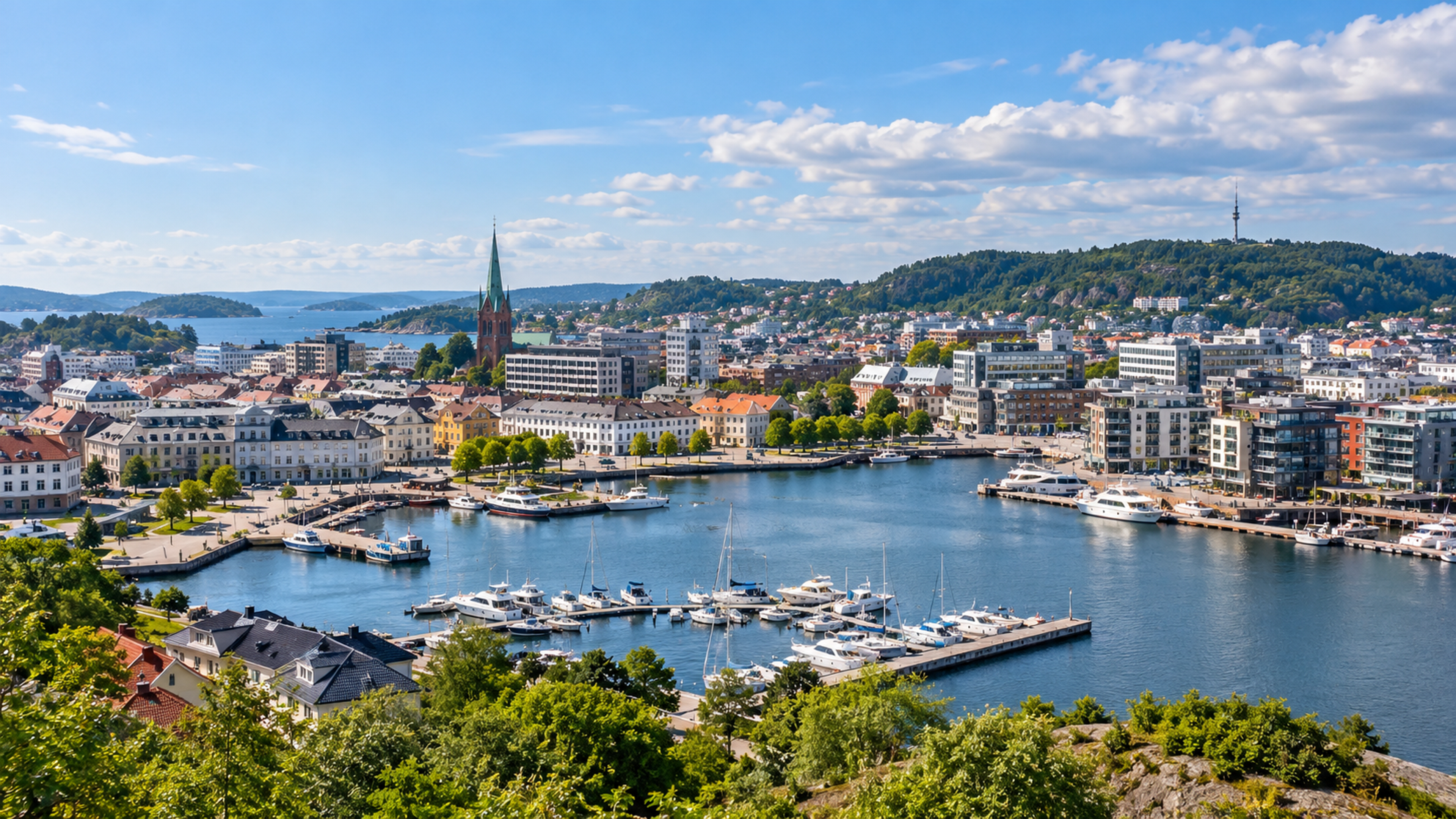 Bilde av en norsk by illustrasjonsbilde med havn og fjorder