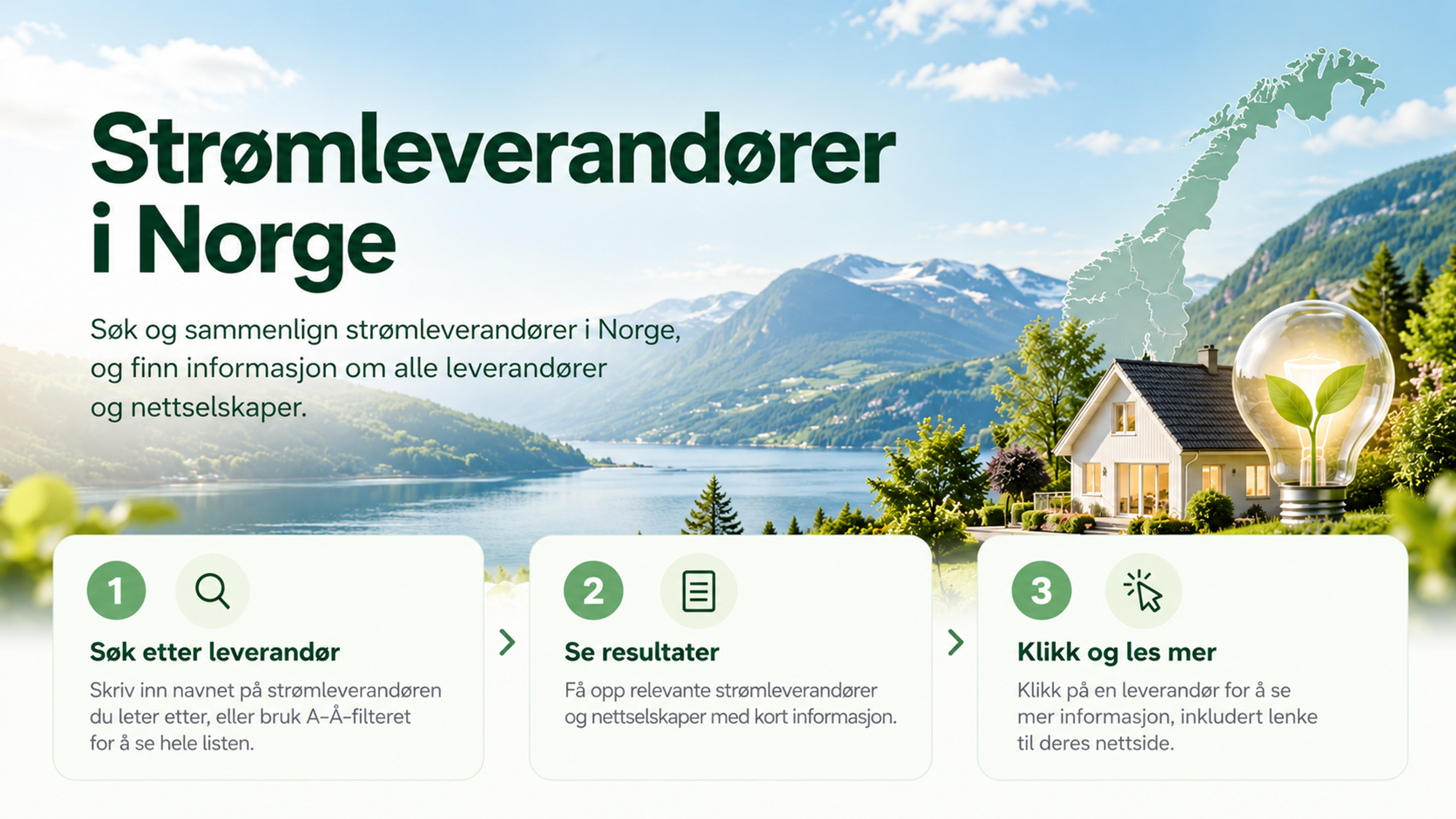Beskrivelse av hvordan man kan søke etter og finne strømleverandører på Norgesprisstrøm.no