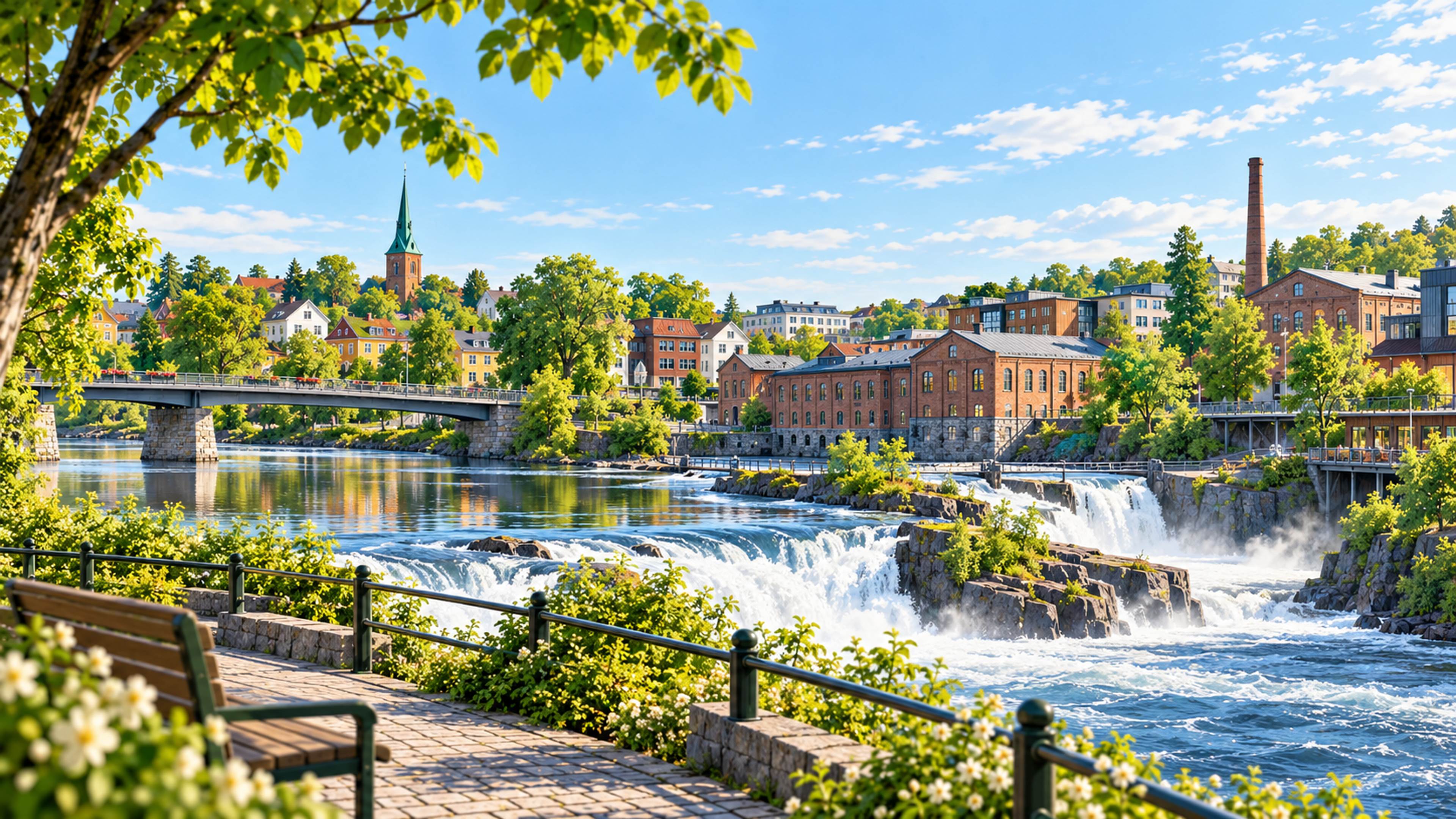 Illustrasjonsbilde av en middels norsk by med fosser, kraftverk og industri, grønn skog osv.