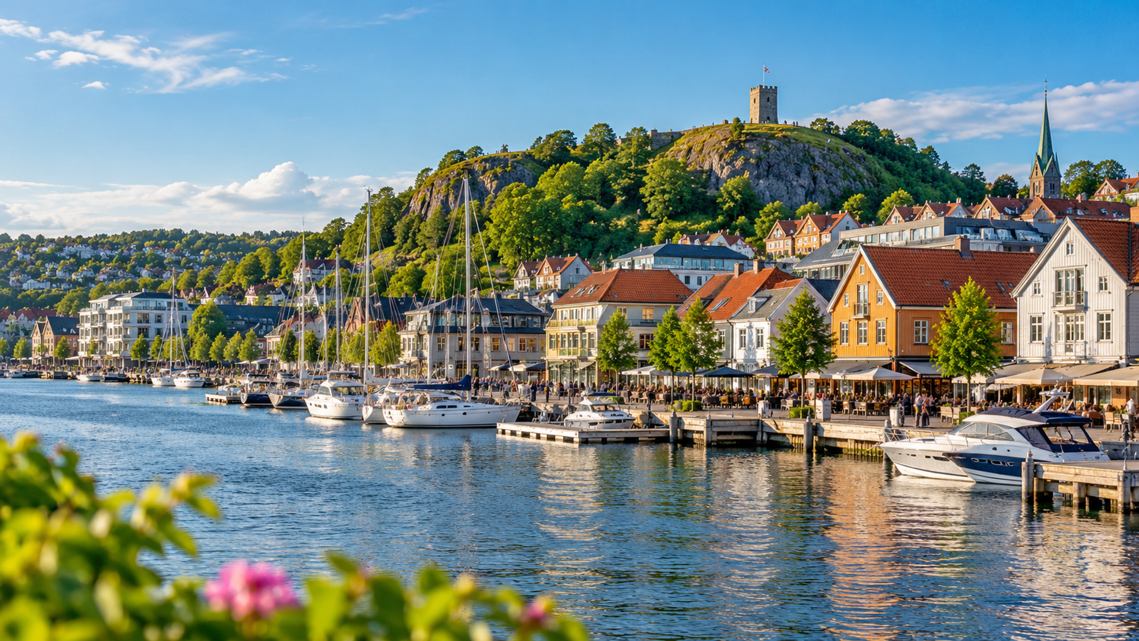 Illustrasjon av Tønsberg havn og Slottsfjellet i Vestfold