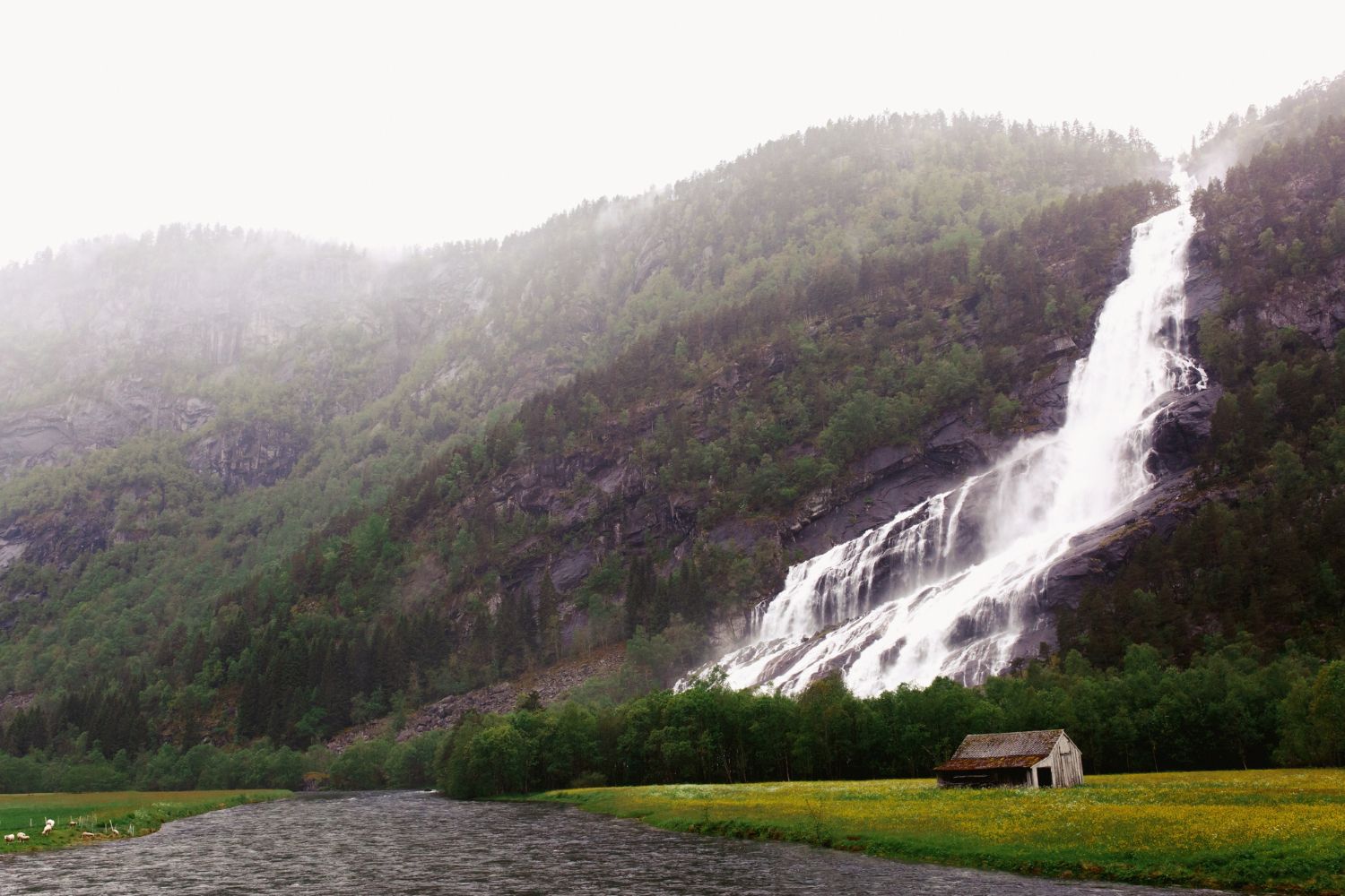 Bilde av en foss i Norge med et hus i forgrunnen.
