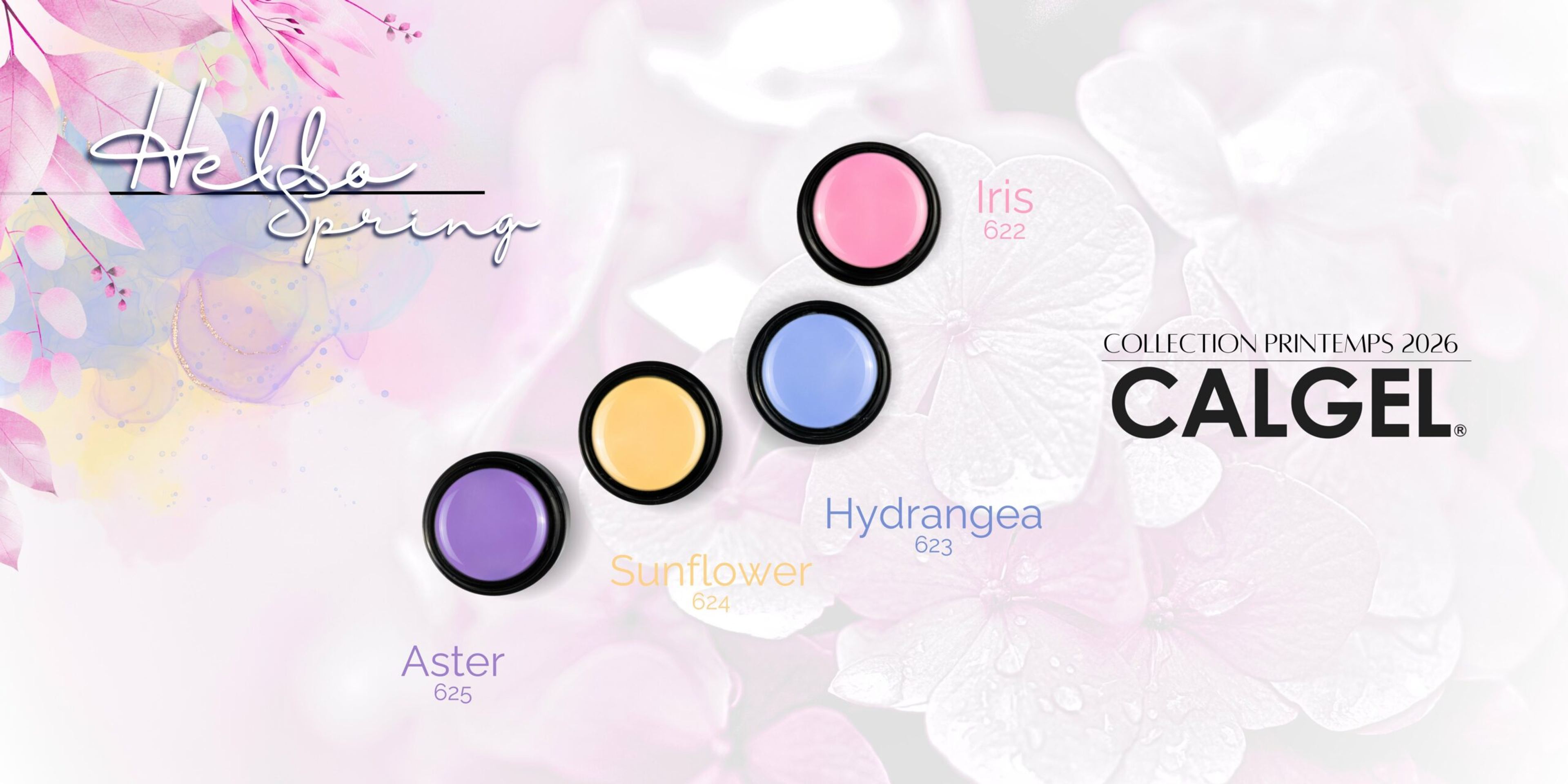 Les quatre pots de la collection printemps 2026 — Iris 622, Hydrangea 623, Sunflower 624 et Aster 625 — sur un fond floral