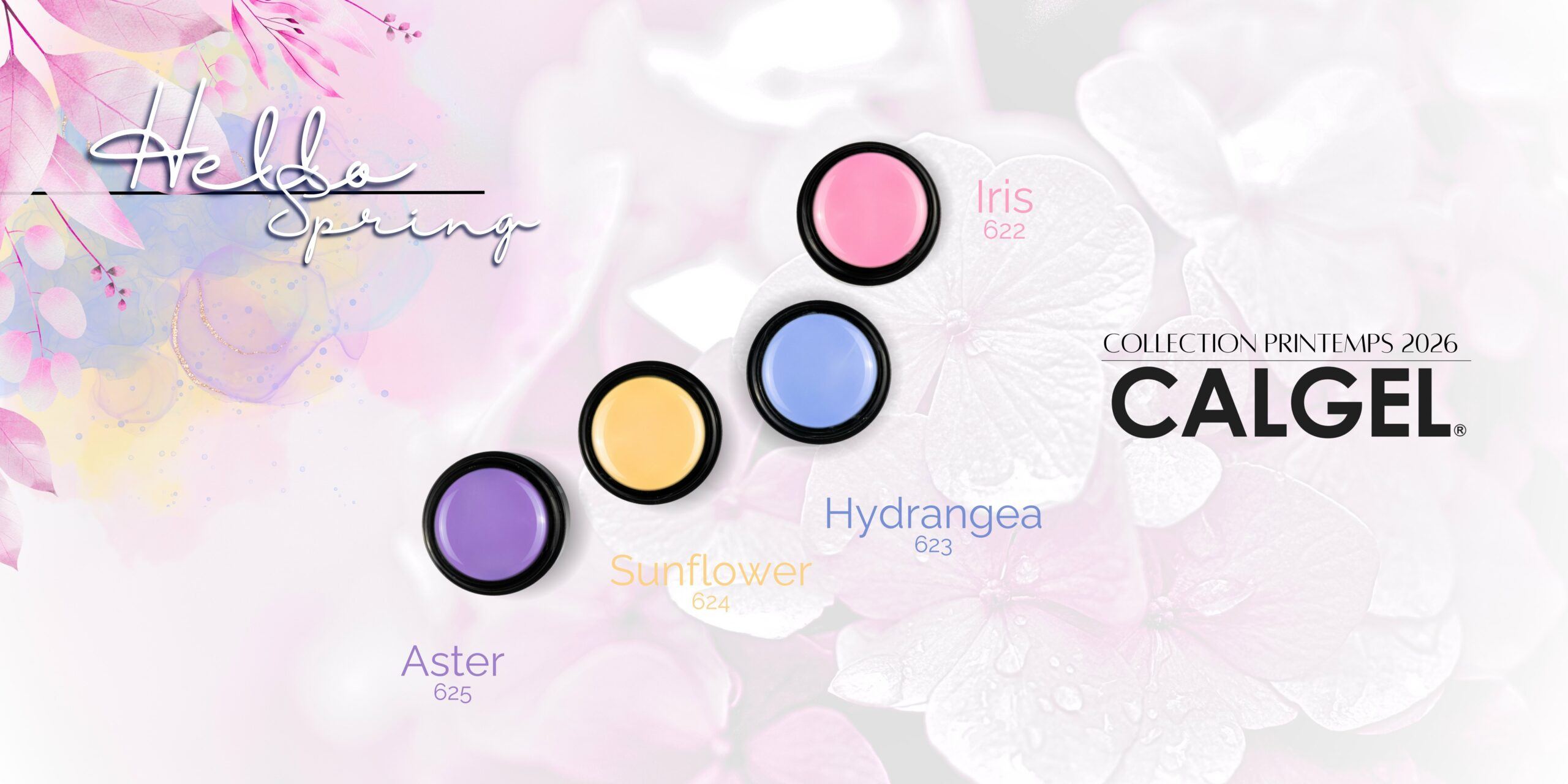 Les quatre pots de la collection printemps 2026 — Iris 622, Hydrangea 623, Sunflower 624 et Aster 625 — sur un fond floral