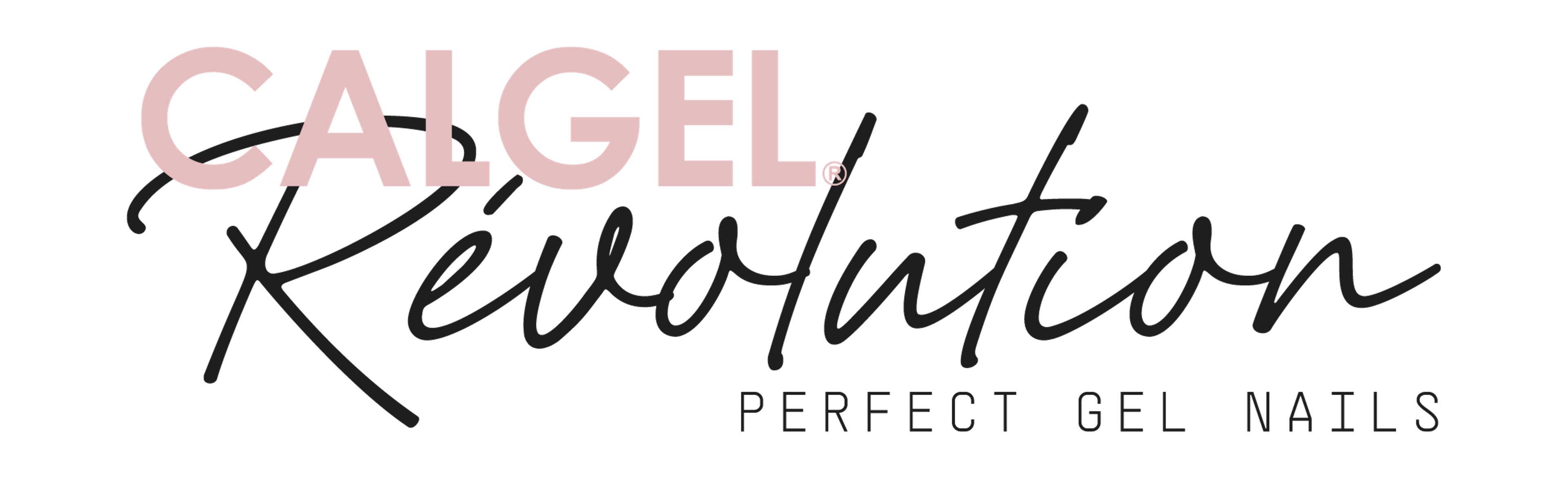 Logo Calgel Revolution, « Perfect Gel Nails », en blanc et rose sur fond noir