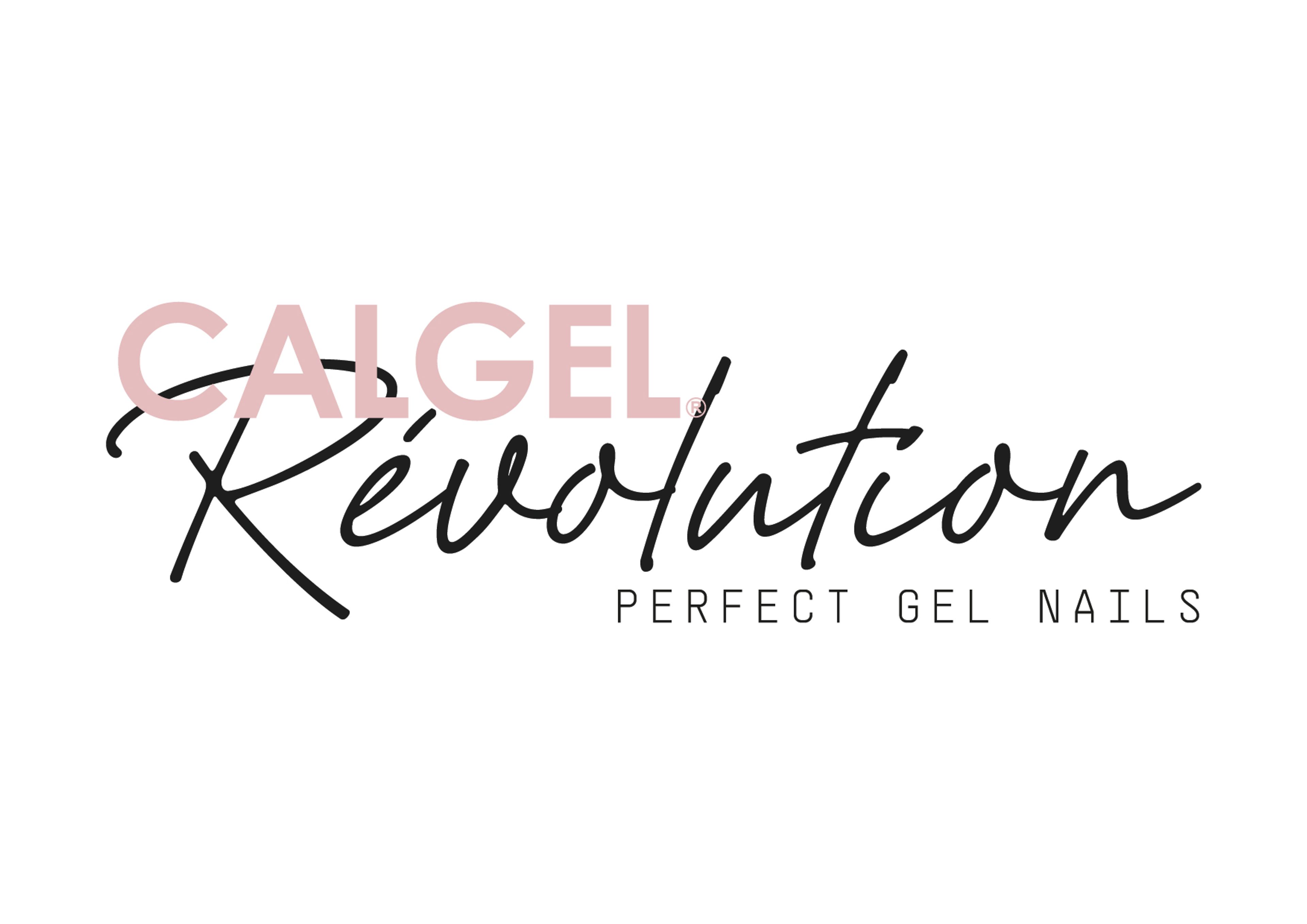 Logo Calgel Revolution, « Perfect Gel Nails », en rose et noir sur fond blanc