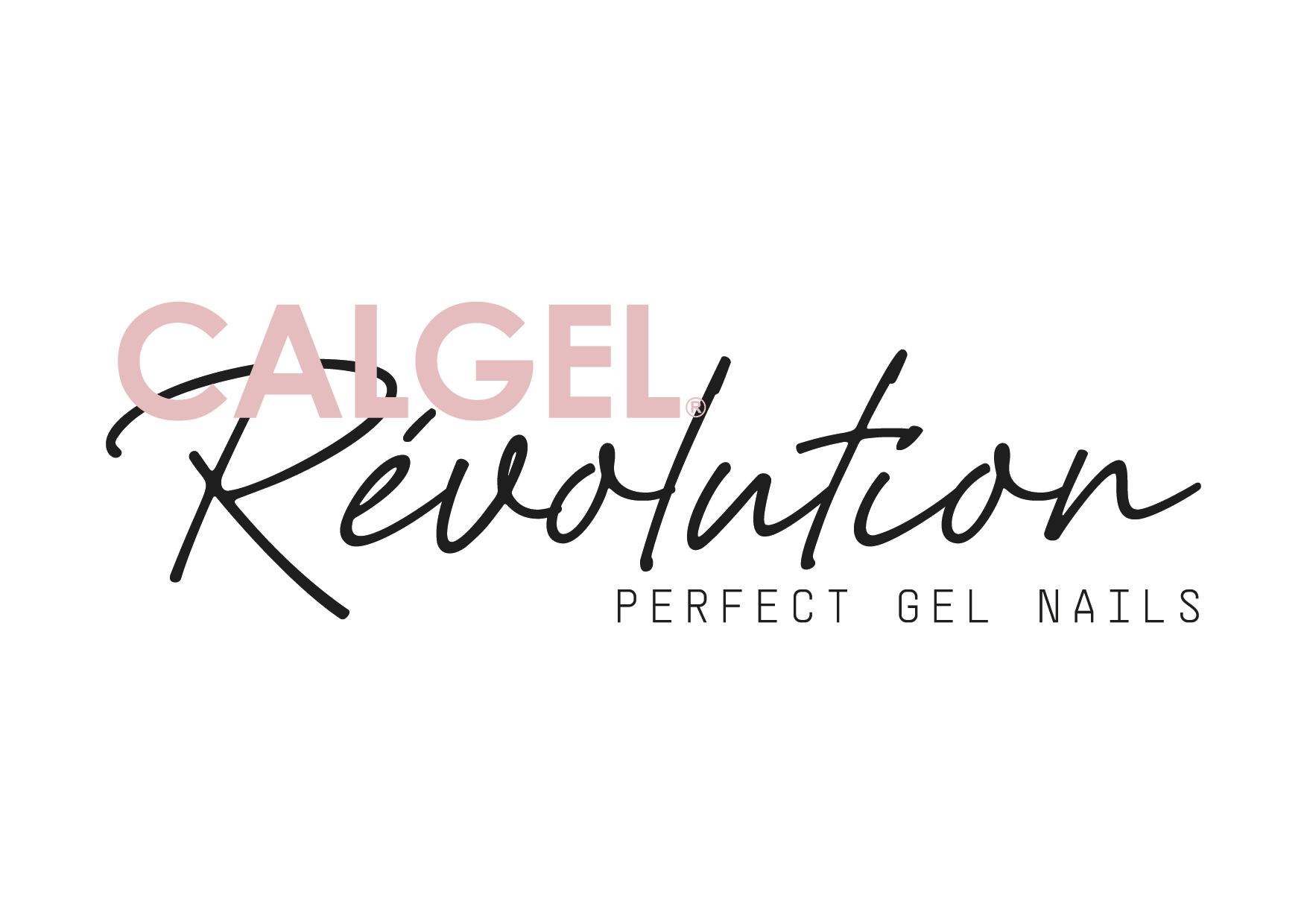 Logo Calgel Revolution, « Perfect Gel Nails », en rose et noir sur fond blanc