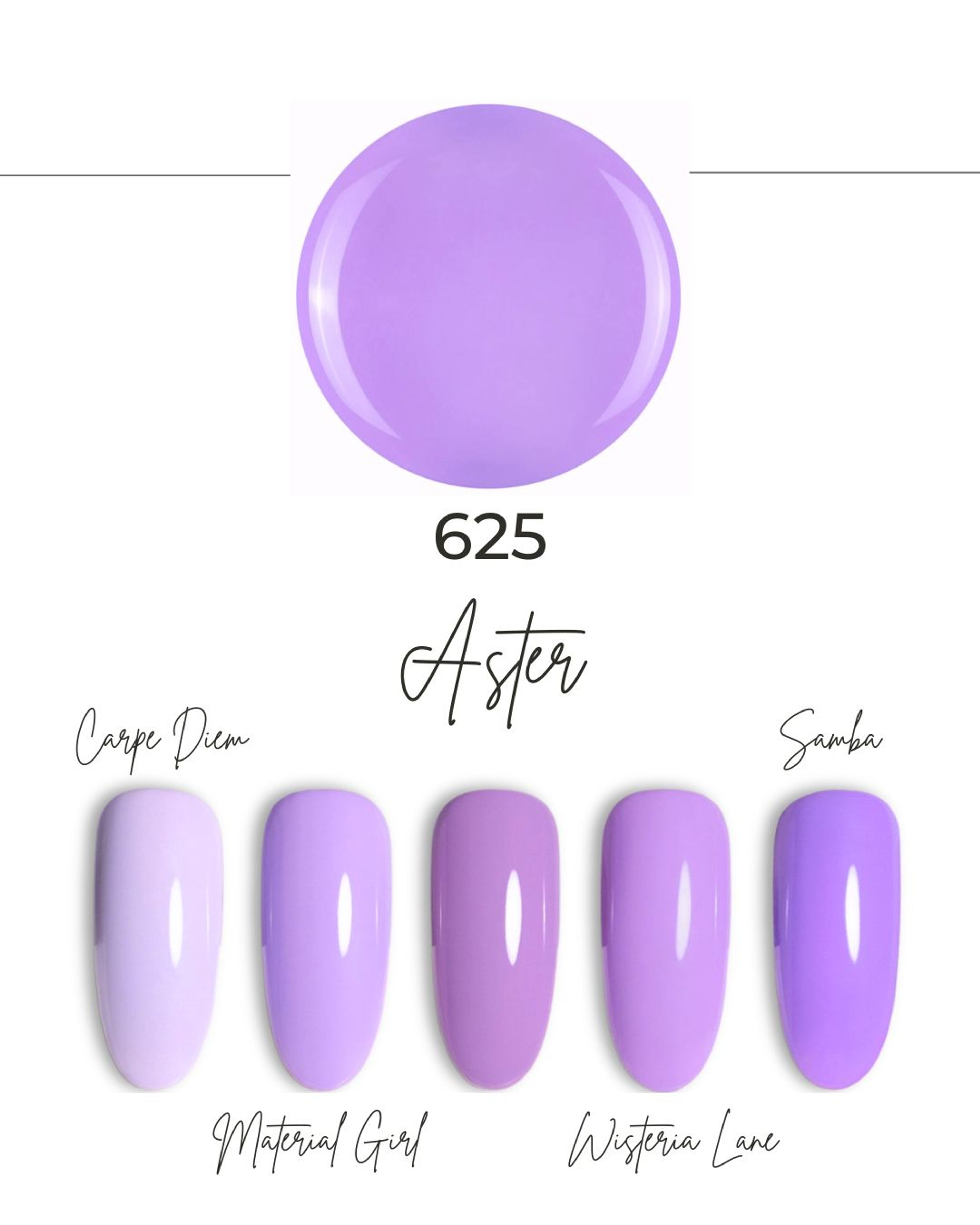 Nuancier de la teinte Aster 625 : pastille violette et cinq ongles, de Carpe Diem à Samba