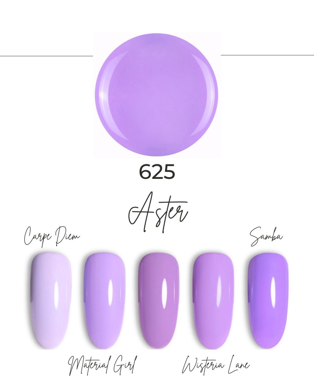 Nuancier de la teinte Aster 625 : pastille violette et cinq ongles, de Carpe Diem à Samba