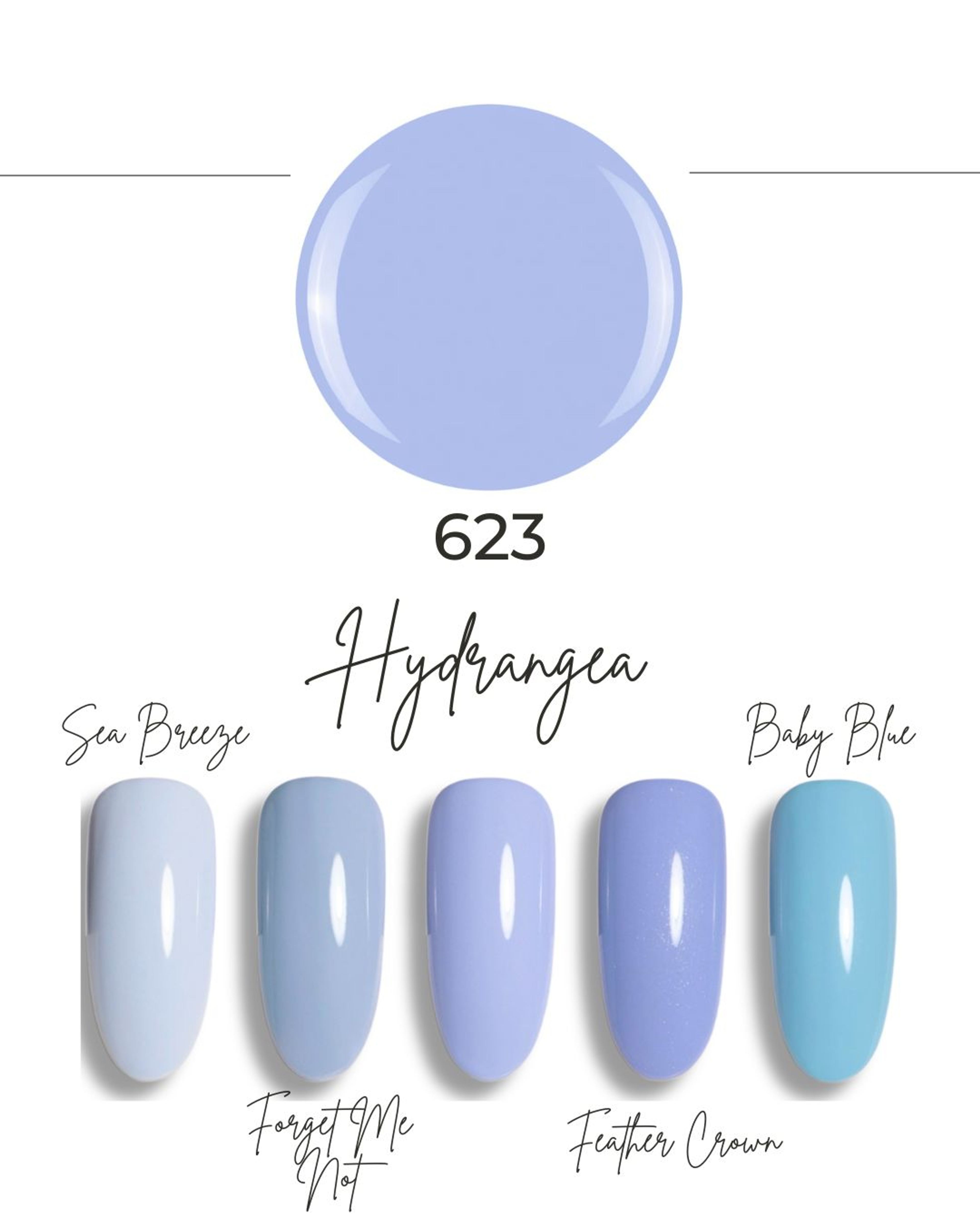 Nuancier de la teinte Hydrangea 623 : pastille bleu lavande et cinq ongles, de Sea Breeze à Baby Blue