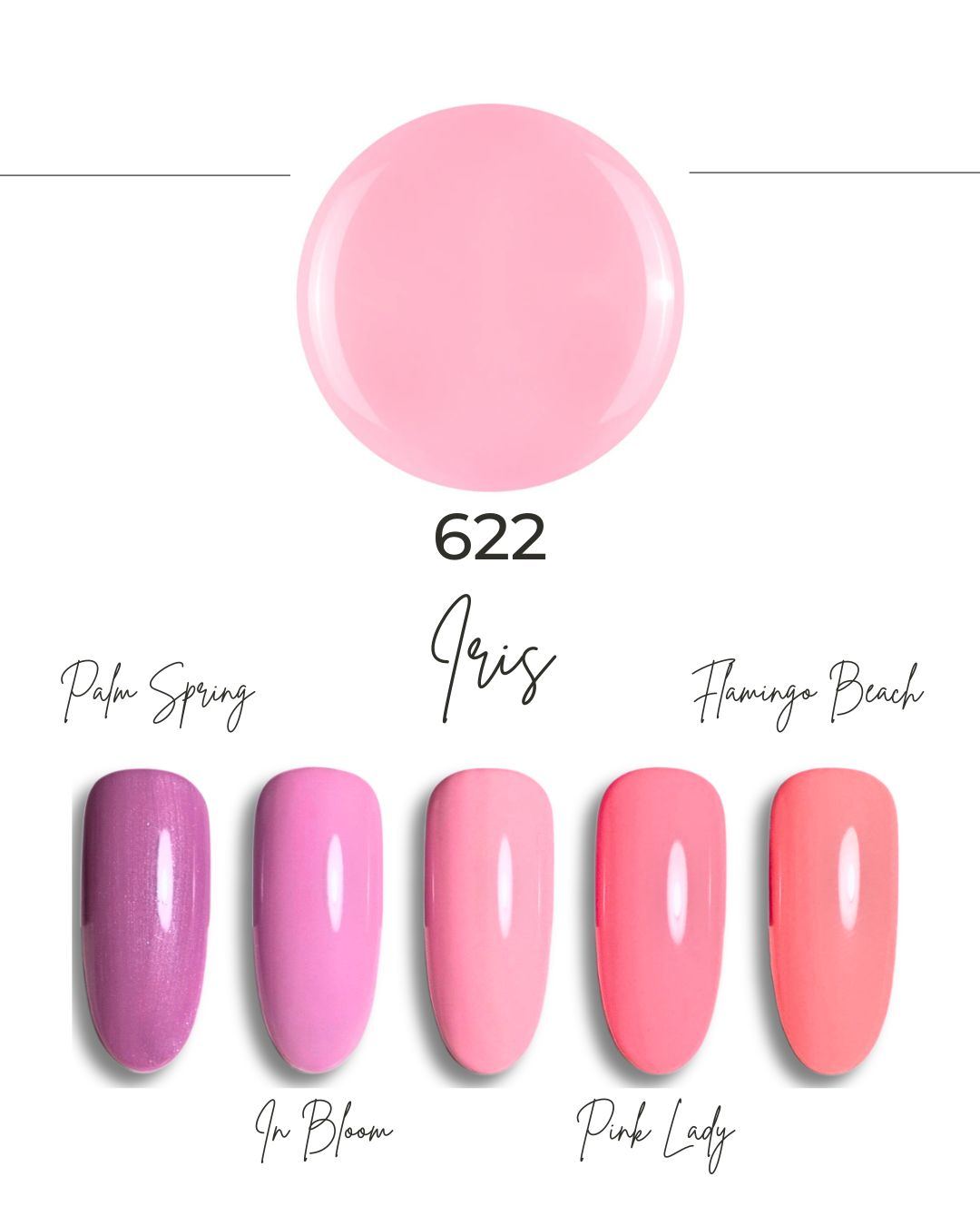 Nuancier de la teinte Iris 622 : pastille rose et cinq ongles, de Palm Spring à Flamingo Beach