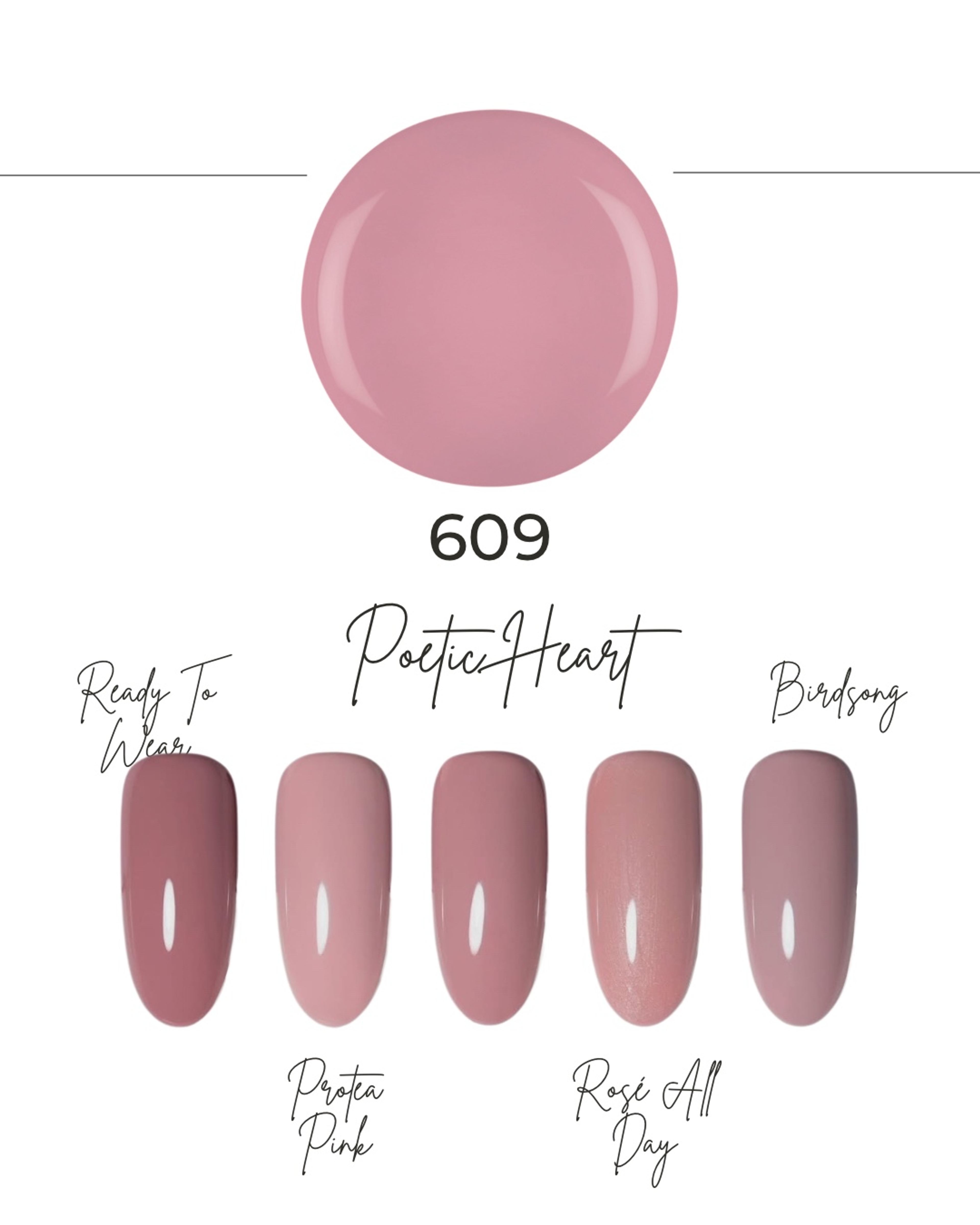 Nuancier de la teinte Poetic Heart 609 : pastille rose poudré et cinq ongles, de Ready To Wear à Birdsong