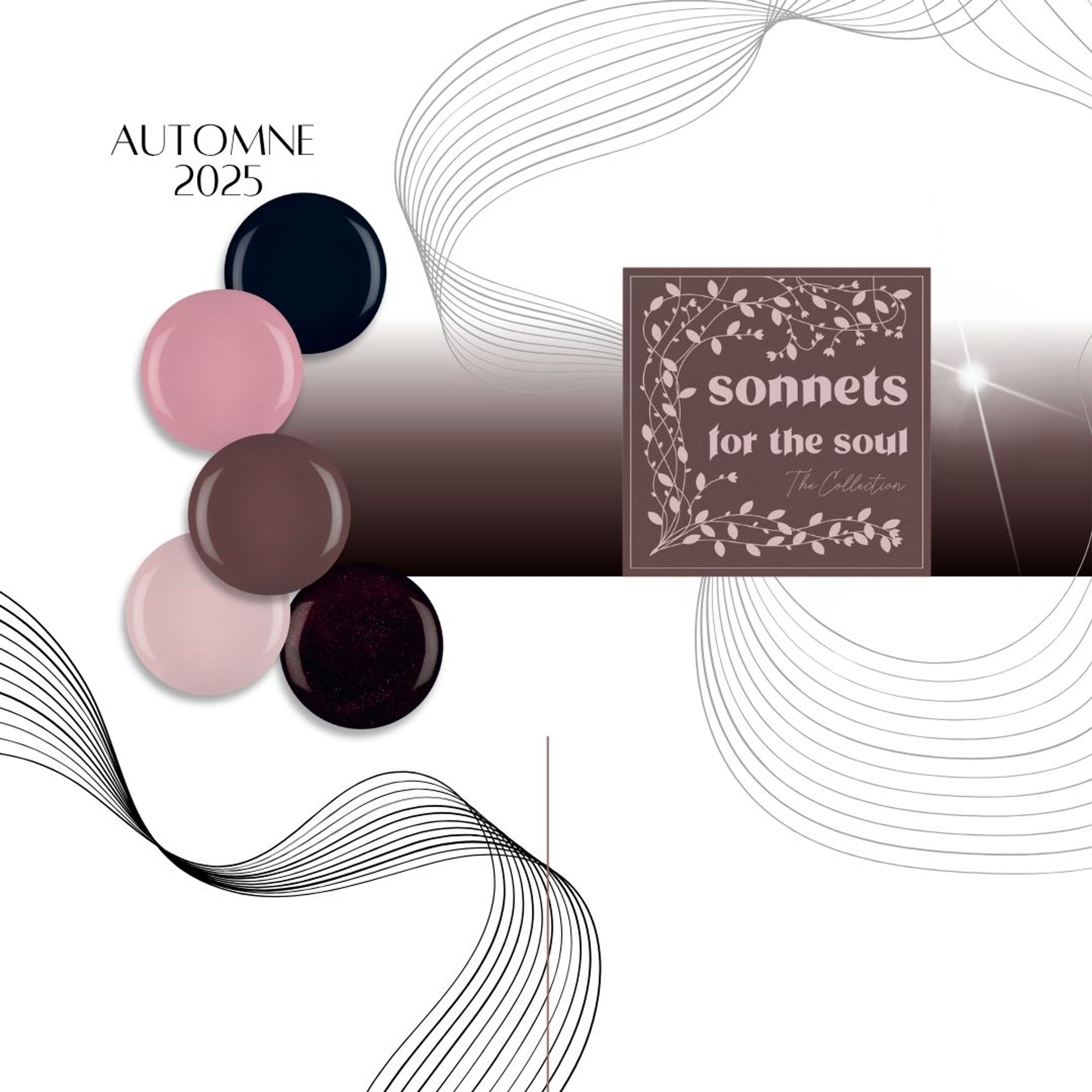 Visuel Sonnets for the Soul, automne 2025 : cinq pastilles de gel bleu nuit, rose poudré, cacao et bordeaux