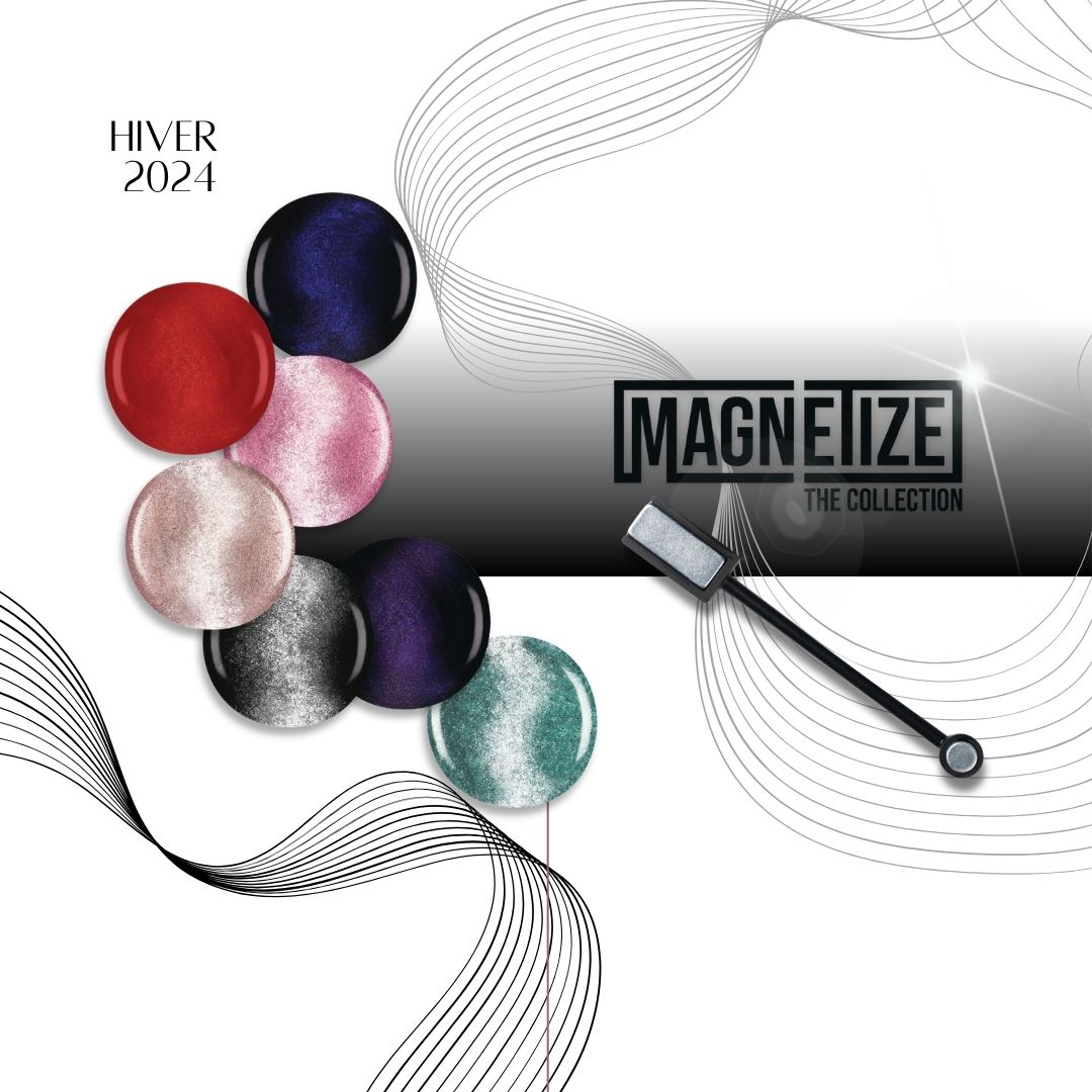Visuel Magnetize, hiver 2024 : sept pastilles de gel magnétique et l’aimant à double embout