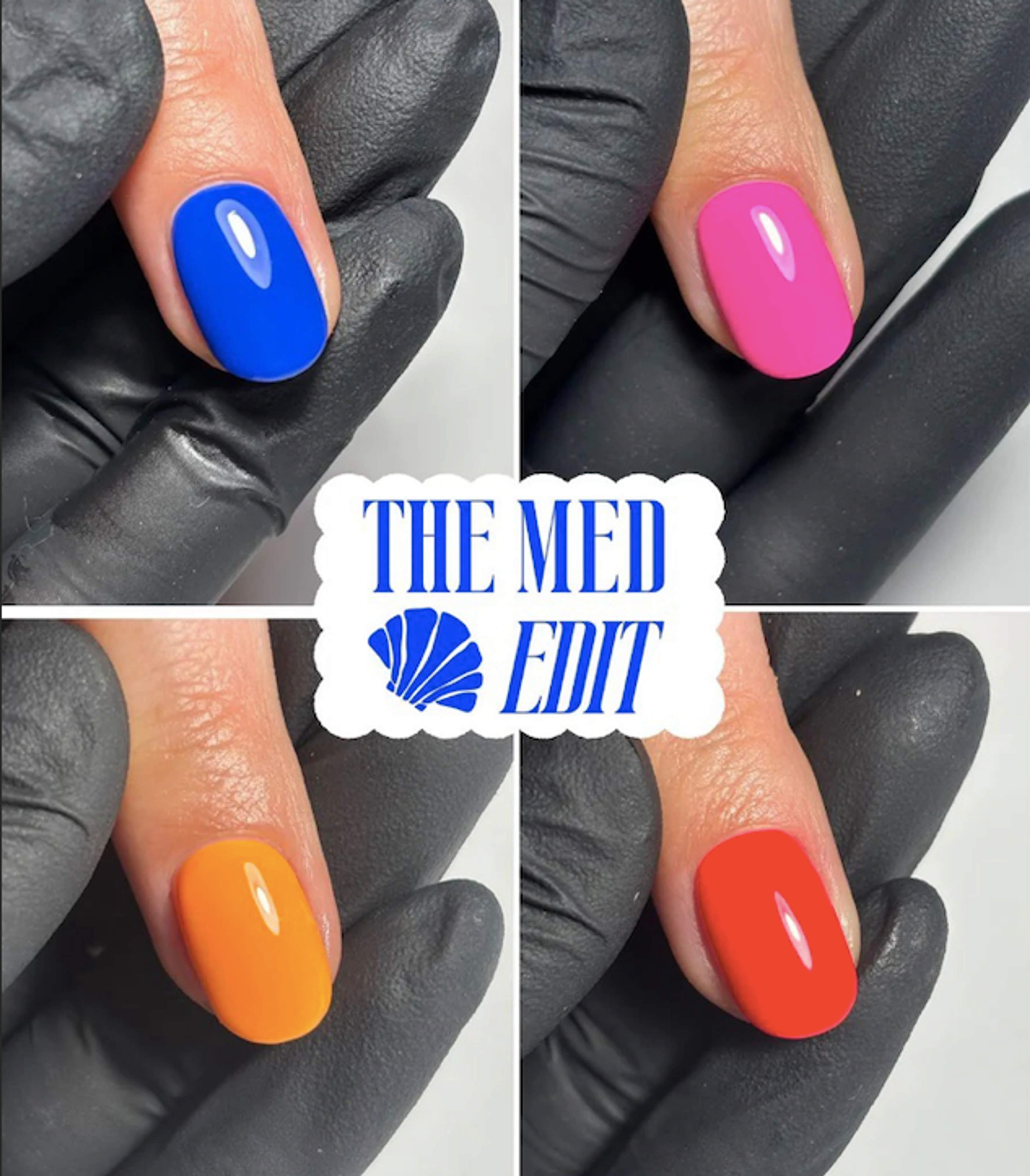 Quatre ongles portant les teintes The Med Edit, tenus par une main gantée de noir