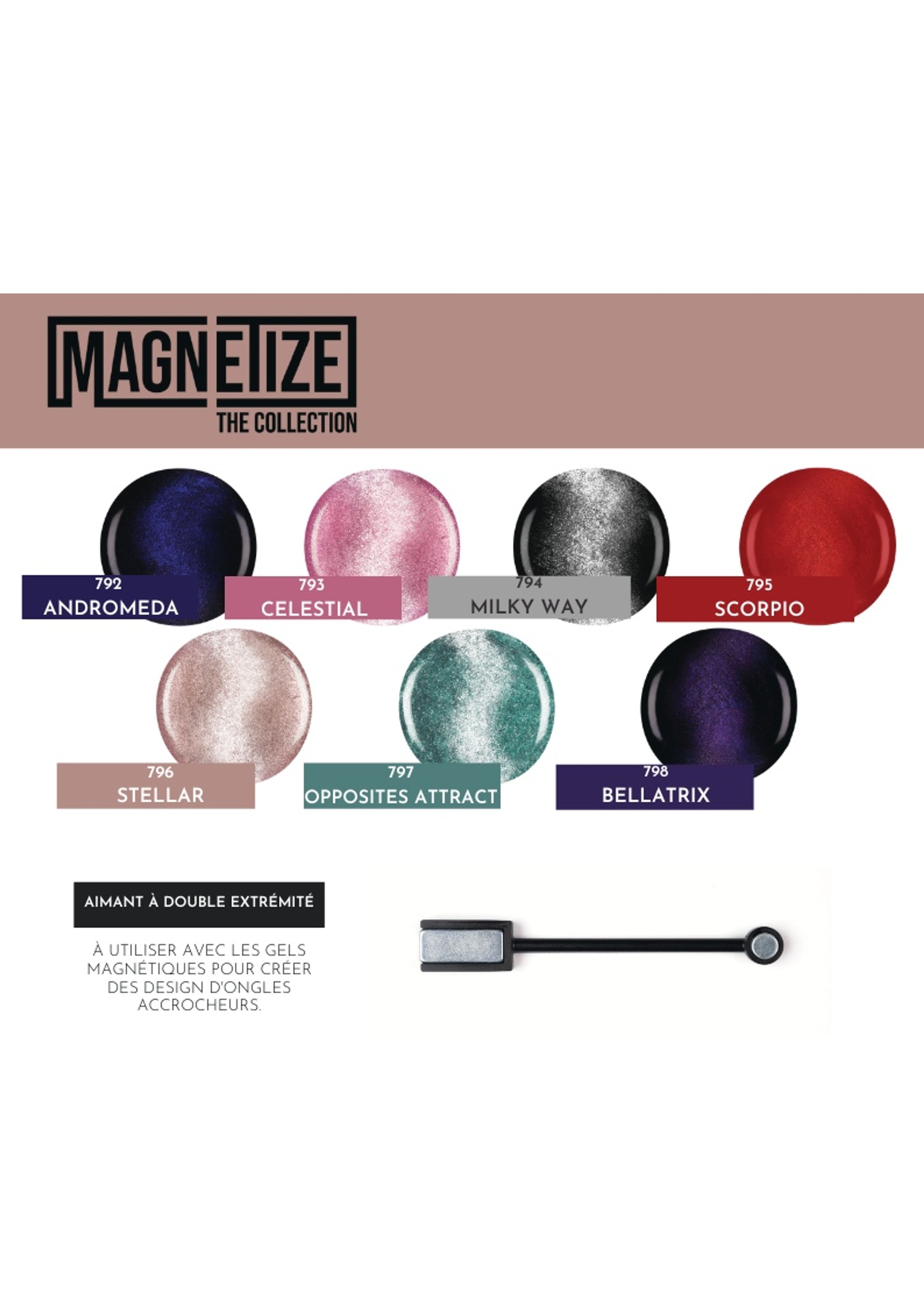 Planche des sept teintes Magnetize — Andromeda, Celestial, Milky Way, Scorpio, Stellar, Opposites Attract, Bellatrix — et l’aimant double extrémité