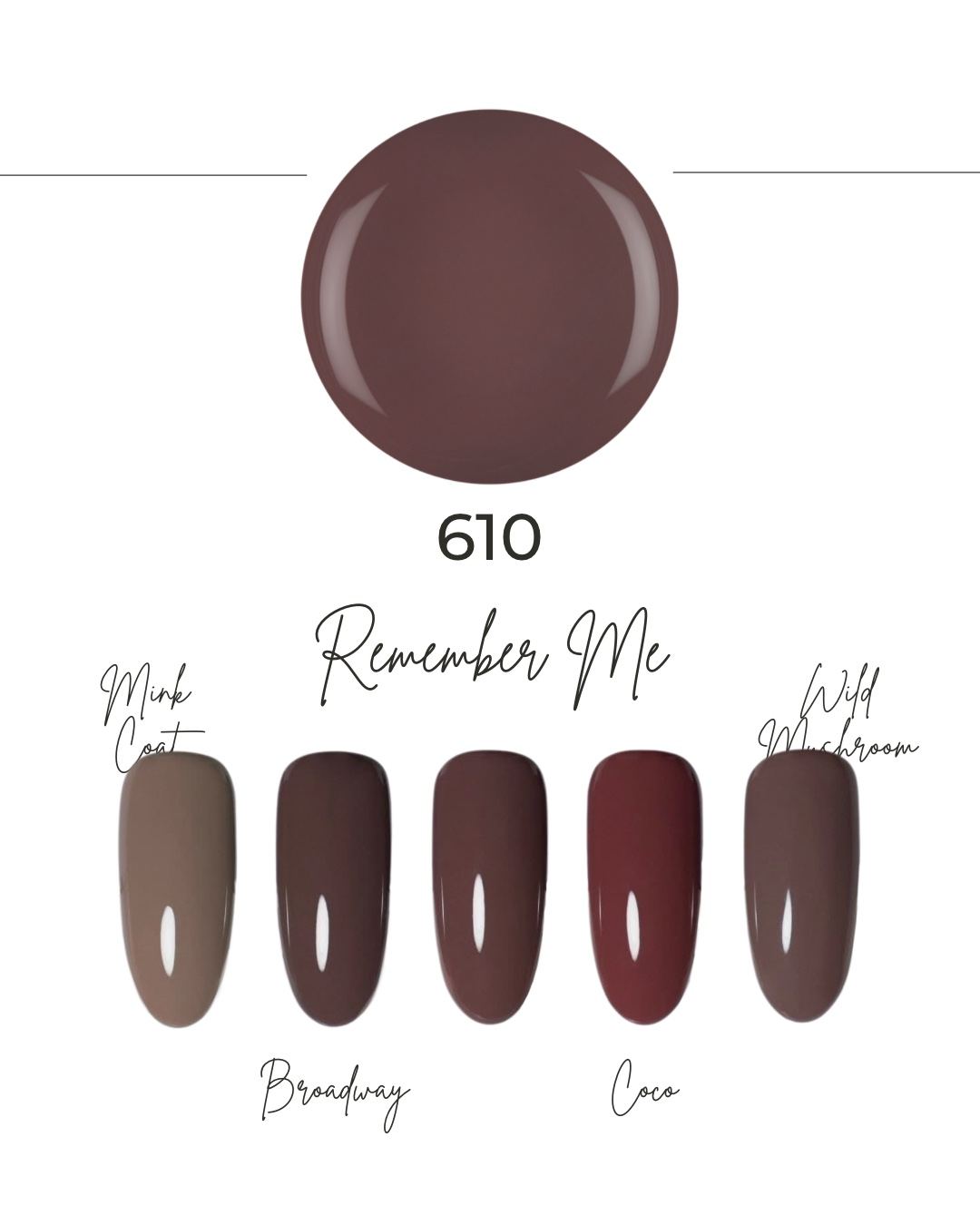 Nuancier de la teinte Remember Me 610 : pastille brun cacao et cinq ongles, de Mink Coat à Wild Mushroom