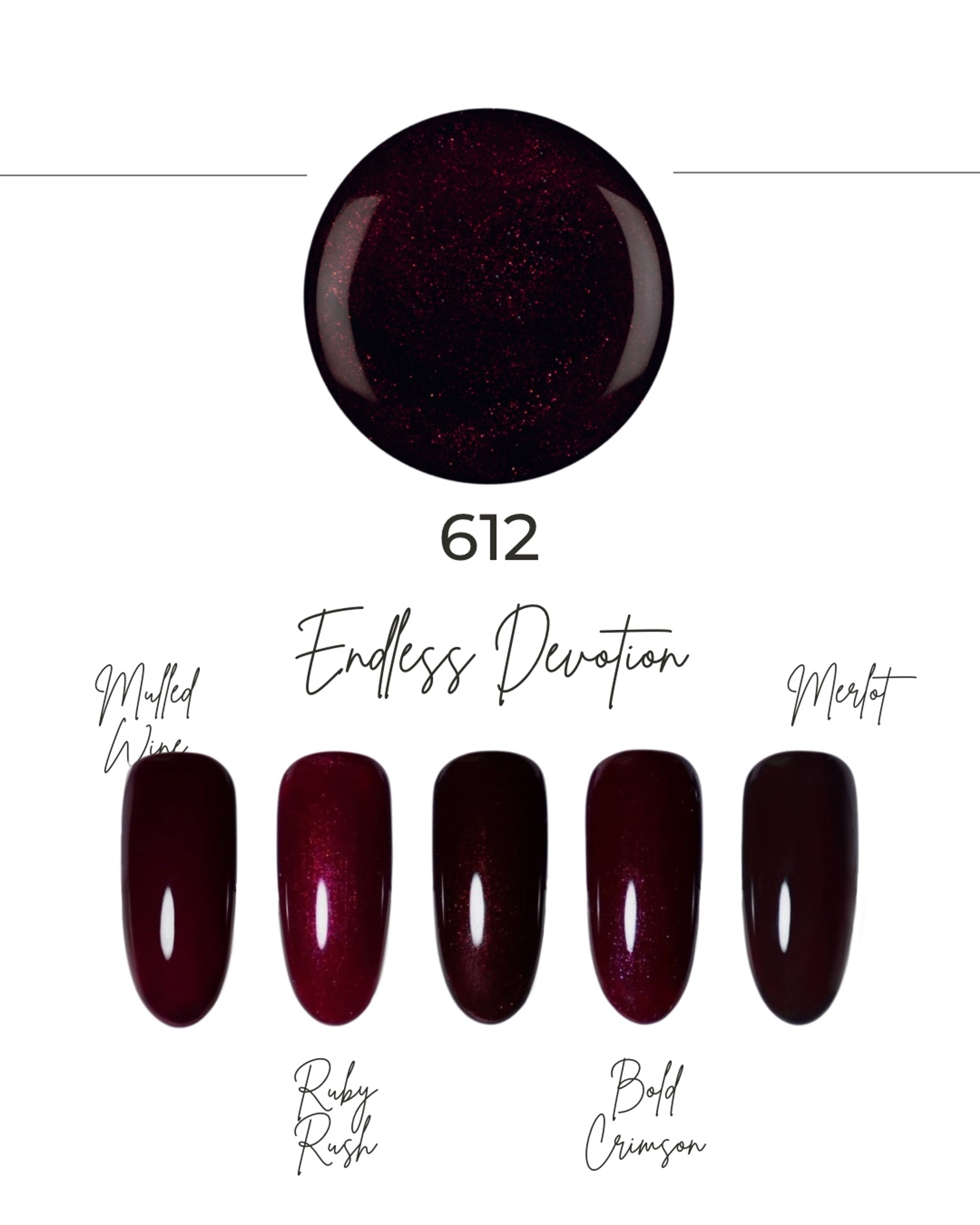 Nuancier de la teinte Endless Devotion 612 : pastille bordeaux pailleté et cinq ongles, de Mulled Wine à Merlot