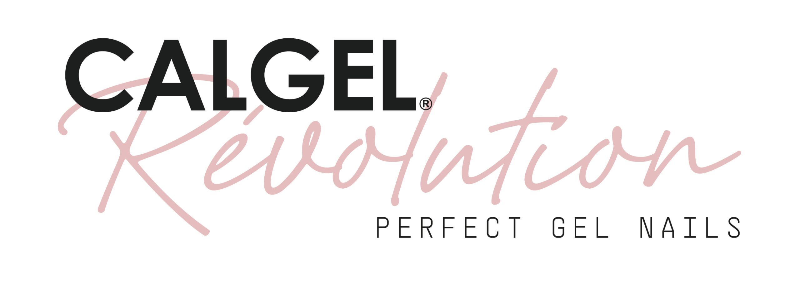 Logo Calgel Revolution, « Perfect Gel Nails », en noir et rose sur fond blanc